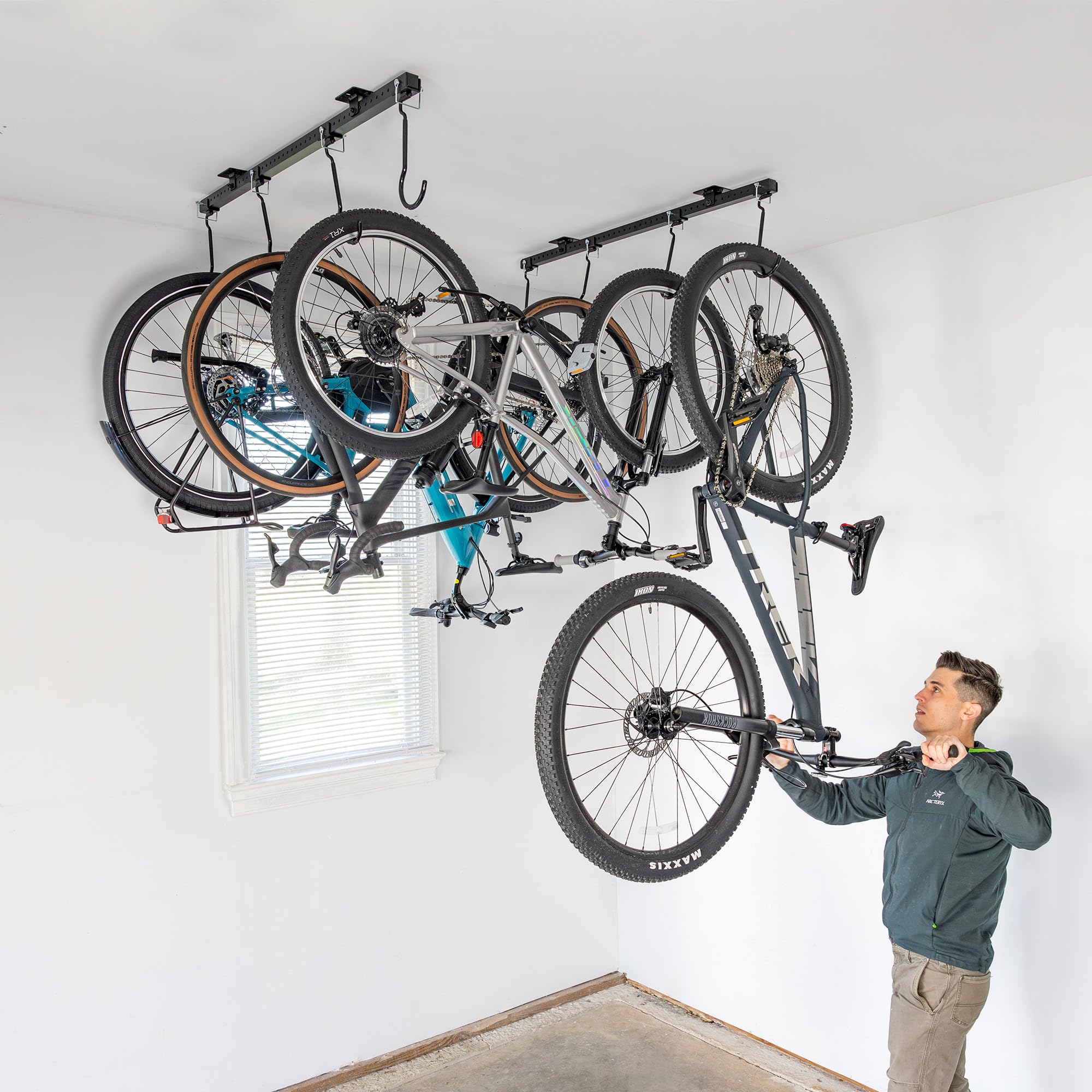 Teal Triangle G-Bike Ceiling Mounted Bike Rack - Heavy Duty Garage Storage for 8 Bikes - Adjustable Hooks for Road, Mountain, MTB, E-Bike & Kids Bicycles (46