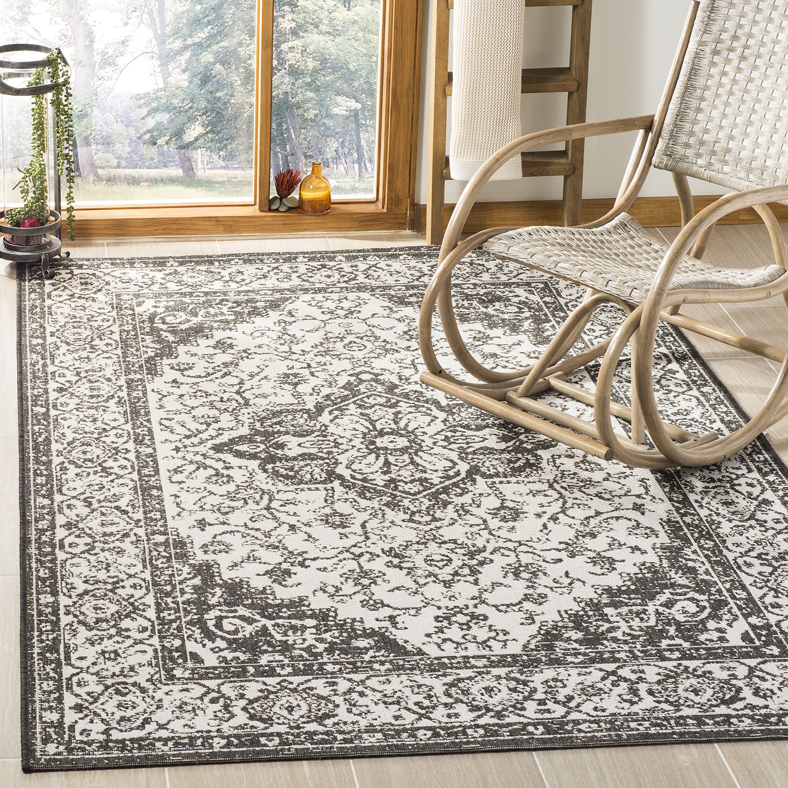SAFAVIEH Linden Collection 8'x8' Square Light Grey/Charcoal Oriental Medallion Area Rug - Indoor/Outdoor Non-Shedding, Easy to Clean - Perfect for Patio, Backyard, Porch, Deck & Mudroom Decor