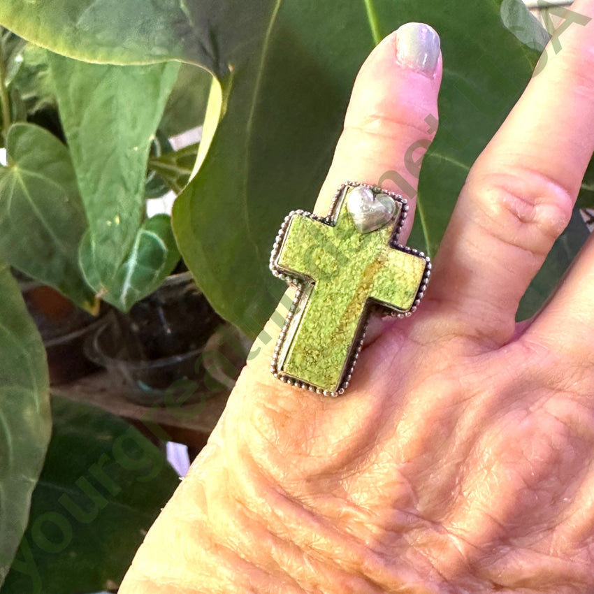 5.25 Sterling Silver Apple Green Gaspeite Holy Cross & Heart Ring - Elegant Spiritual Jewelry for Women, Gift for Baptism, Confirmation & Faith-Based Occasions