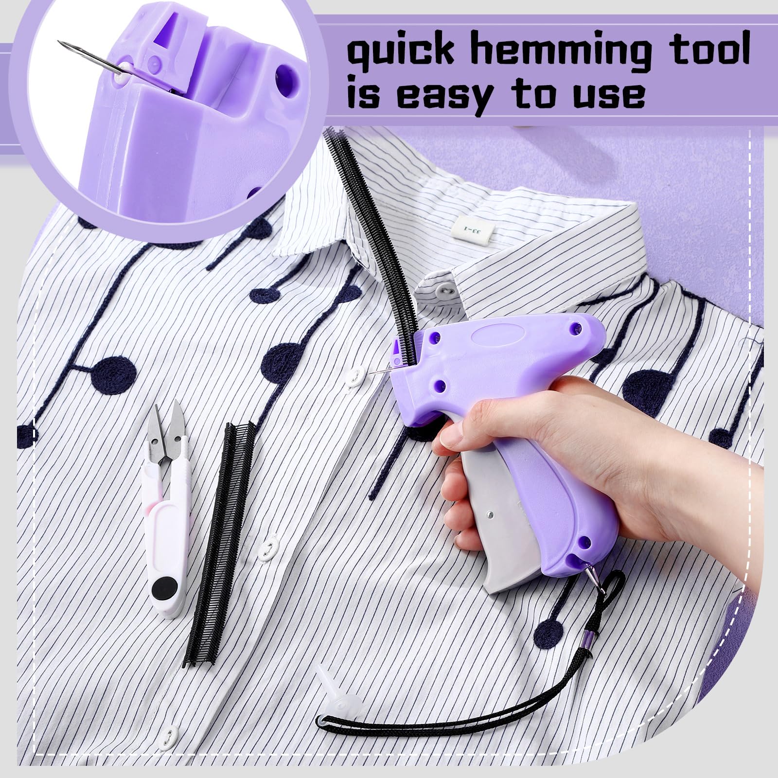 Lasnten 3007-Piece Quick Clothing Repair Kit with Fine Needle Stitch Gun - Includes 5 Needles, 1500 Black & 1500 White Stitches - Portable Sewing Hemming Tool for Home, Shops & Warehouse (Purple) - Perfect for Emergency Clothing Repairs, DIY Hemming & Fabric Fixes