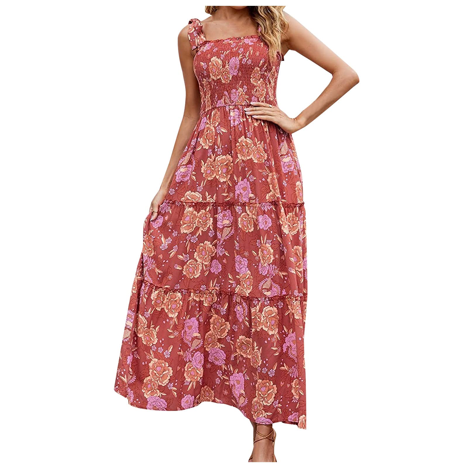 Women's Boho Floral Print Smocked Maxi Dress - Flowy Ruffle A-Line with Tie Straps & Square Neck | Perfect for Summer Beach Vacations, Music Festivals & Date Nights