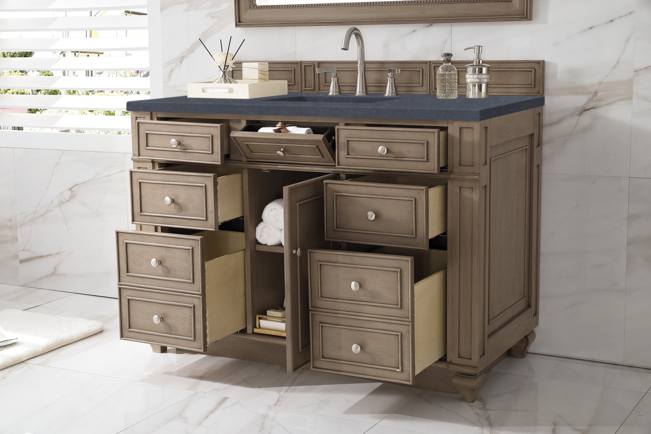 Bristol 48 Inch Single Bathroom Vanity in Whitewashed Walnut with 3CM Charcoal Soapstone Quartz Top - Perfect for Modern Farmhouse & Coastal Style Bathrooms
