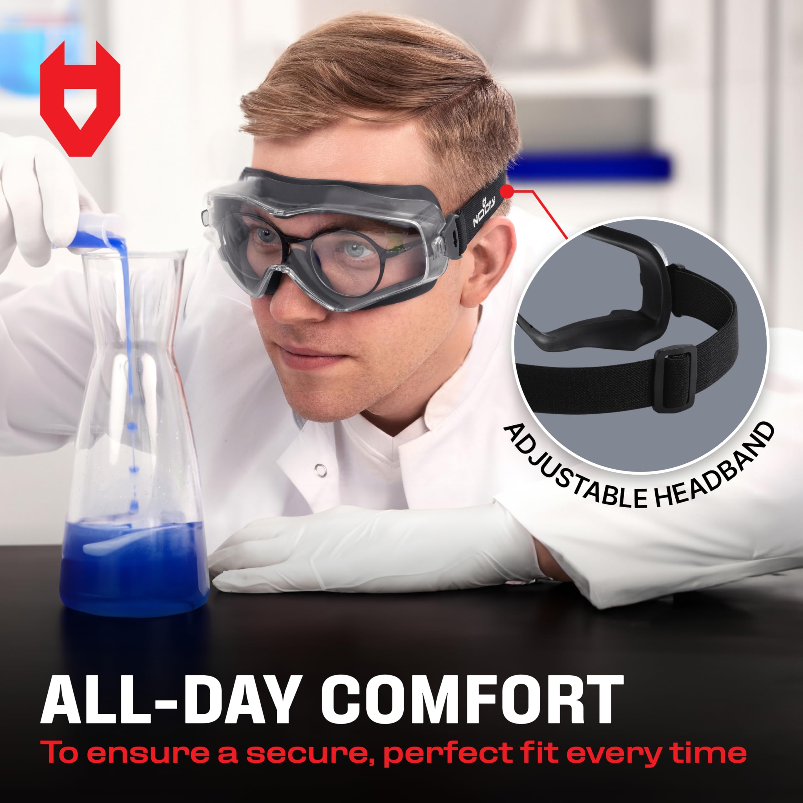 NoCry Safety Goggles Over Glasses - ANSI Z87.1 Certified, Anti-Fog & Anti-Scratch Lenses with UV380 Protection - Adjustable Strap for Extreme Impact Resistance - Perfect for Chemistry Lab, Woodworking, Construction & DIY Projects