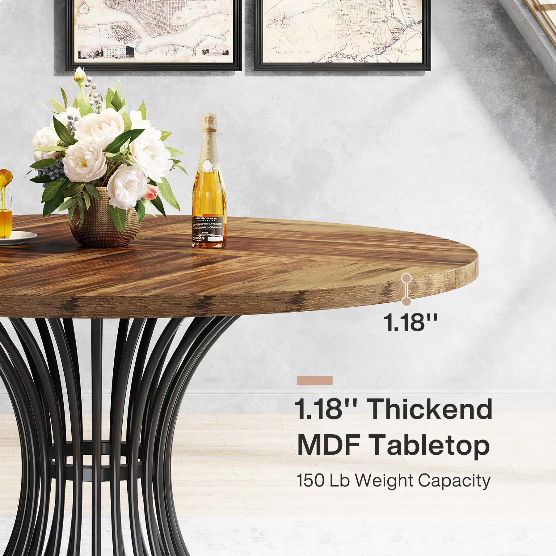 Tribesigns 47-Inch Round Dining Table for 4-6 People, Farmhouse Kitchen Table with Metal Base, Industrial Style Circle Dinner Table for Kitchen, Living Room, Dining Room - Black and Brown Finish, Perfect for Family Meals and Entertaining Guests