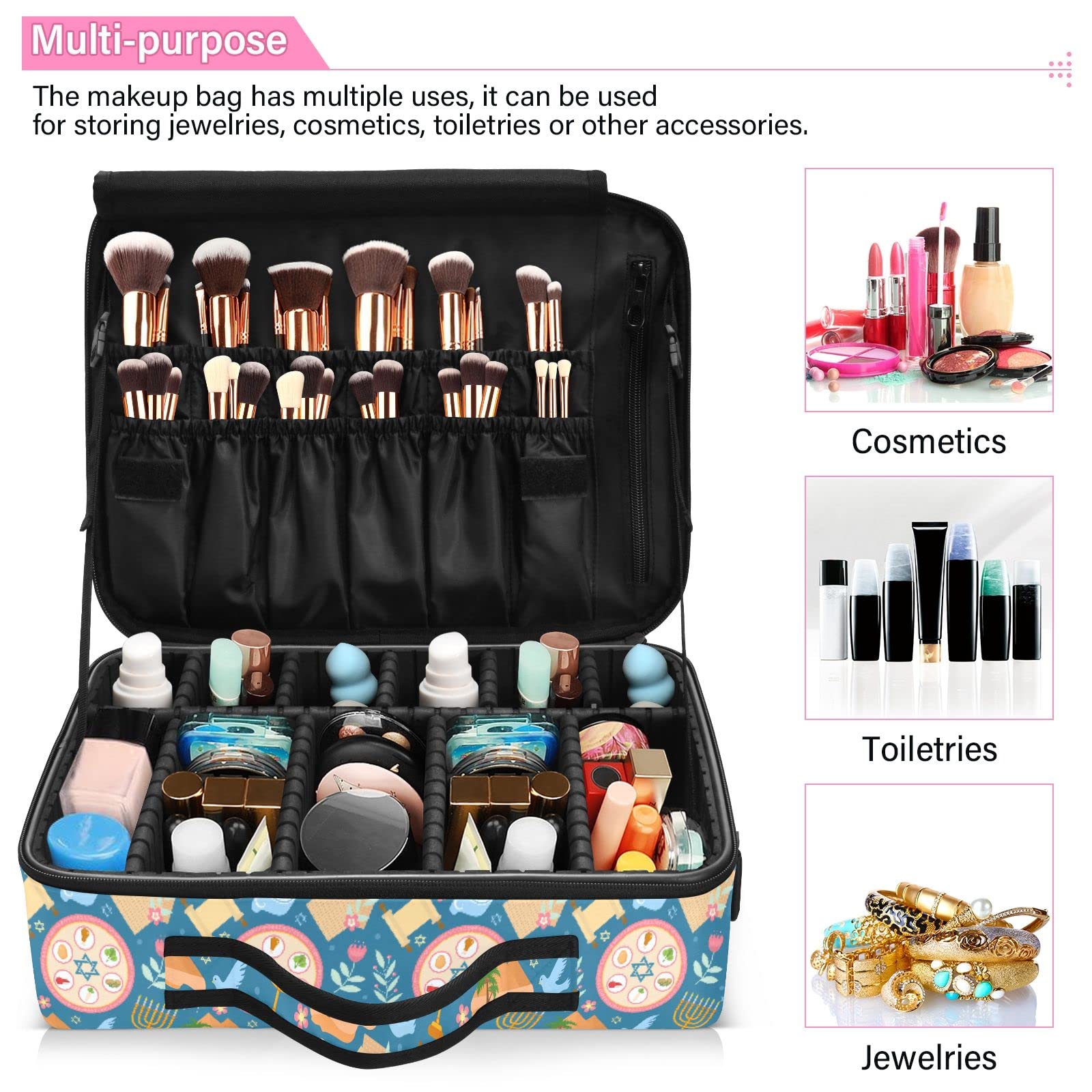 GAIREG Moroccan Tribal Flower Pattern Travel Vanity Makeup Bag - Waterproof Cosmetic Case & Toiletry Organizer for Women - Perfect for Travel, Gym, and Daily Use - Passover Pesach Blue Design