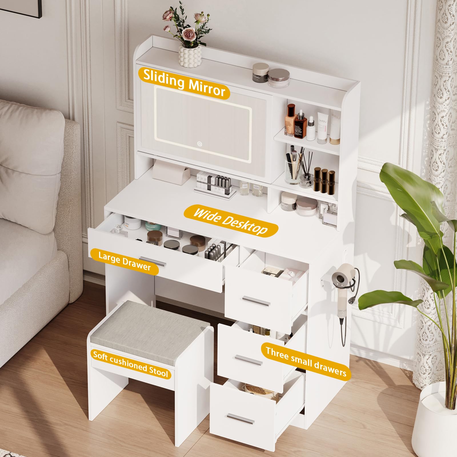 Vanity Desk with Mirror & LED Lights, Chair & 4 Drawers - 3 Adjustable Lighting Modes, Power Outlet & Sliding Mirror - White Bedroom Vanity Table for Makeup & Dressing (Perfect for Small Spaces & Apartment Living)