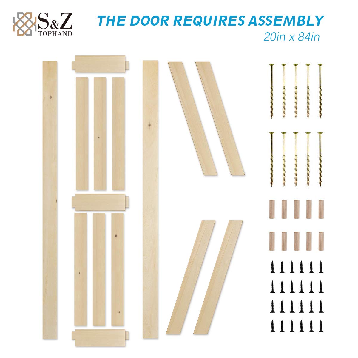 20x84 Inch Unfinished British Brace Knotty Barn Door with 4FT Sliding Hardware Kit - Solid Wood Sliding Door for Bedroom & Living Room - Easy Assembly Double Surface Design (Includes Big Wheels)