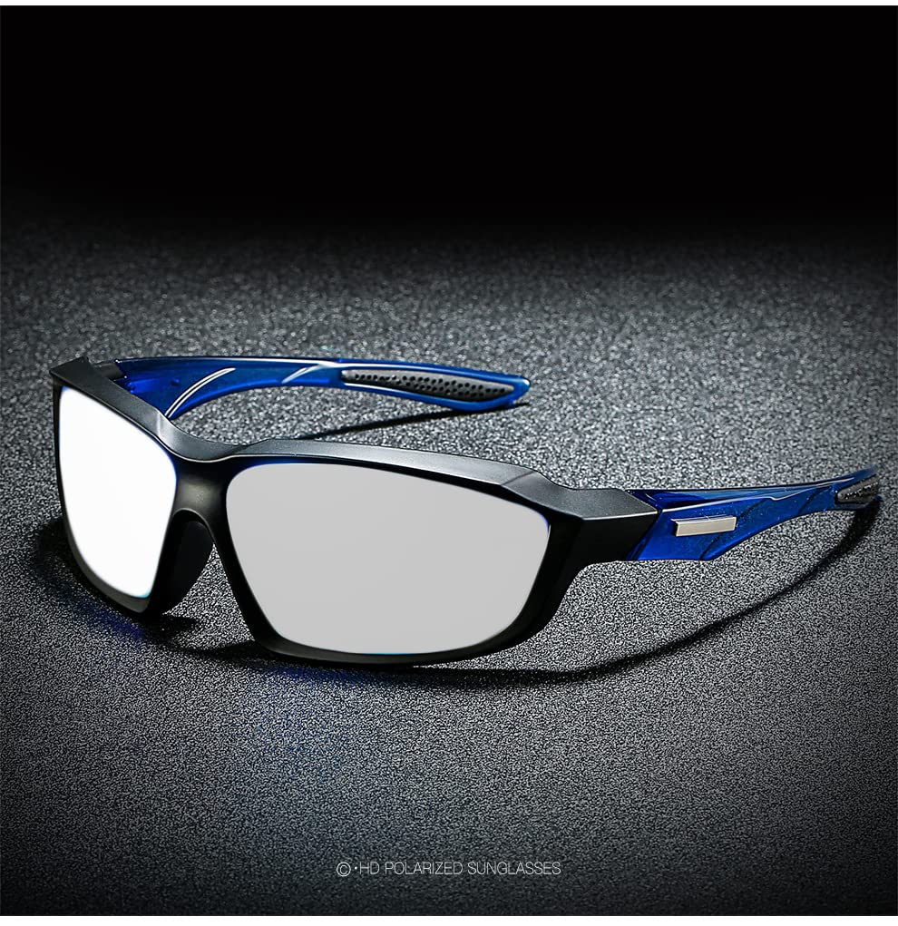 Men's Photochromic Transition Reading Glasses - Blue Square Full Frame Sports Sunglasses (0 to +4.00) for Outdoor Activities, Cycling & Driving