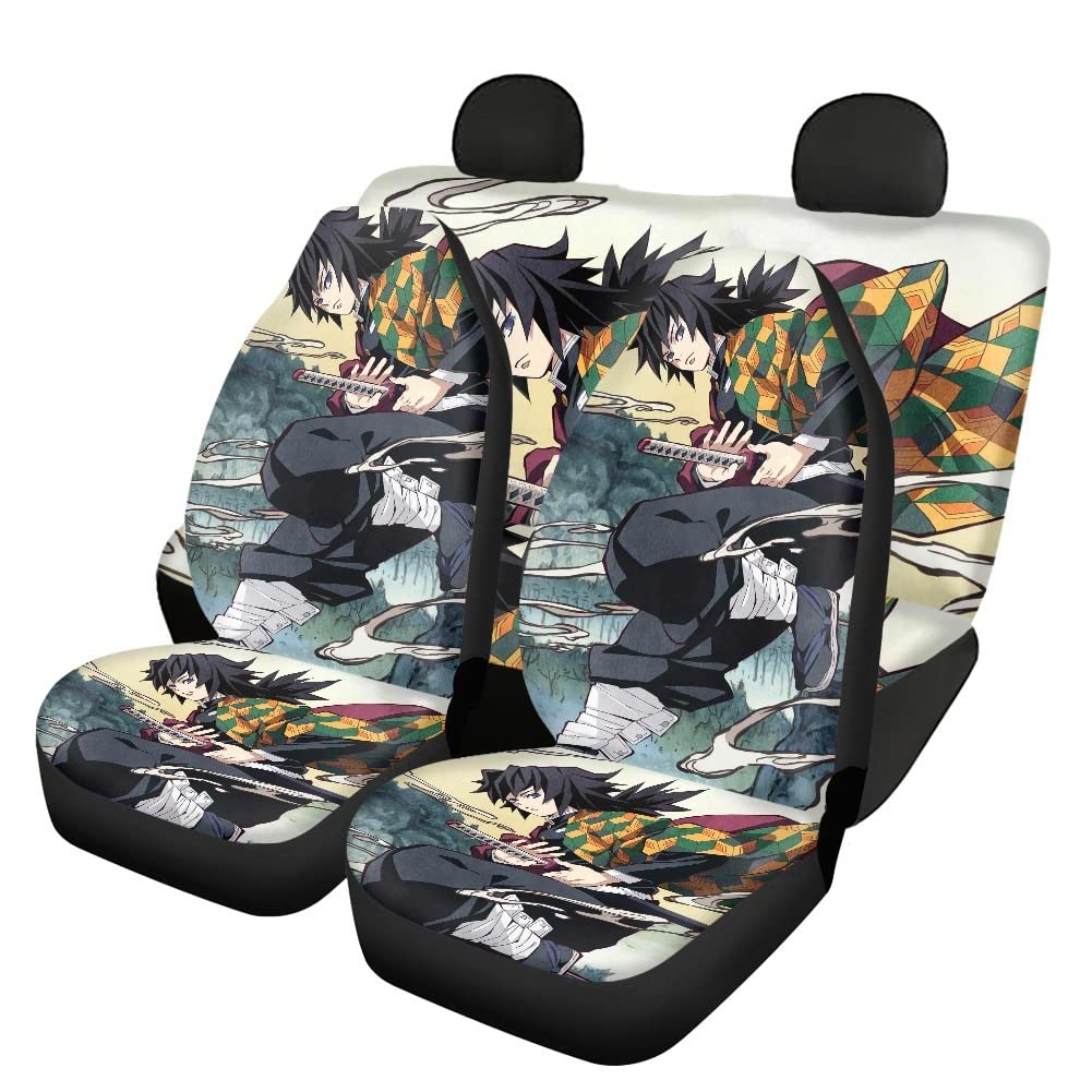 Premium Demon Slayer Anime Car Seat Covers Full Set - Universal Fit for Most Trucks, SUVs & Vans - Breathable Polyester Front & Rear Bench Covers (Tomioka Giyuu Design) - Perfect for Anime Fans, Daily Commuting & Car Protection