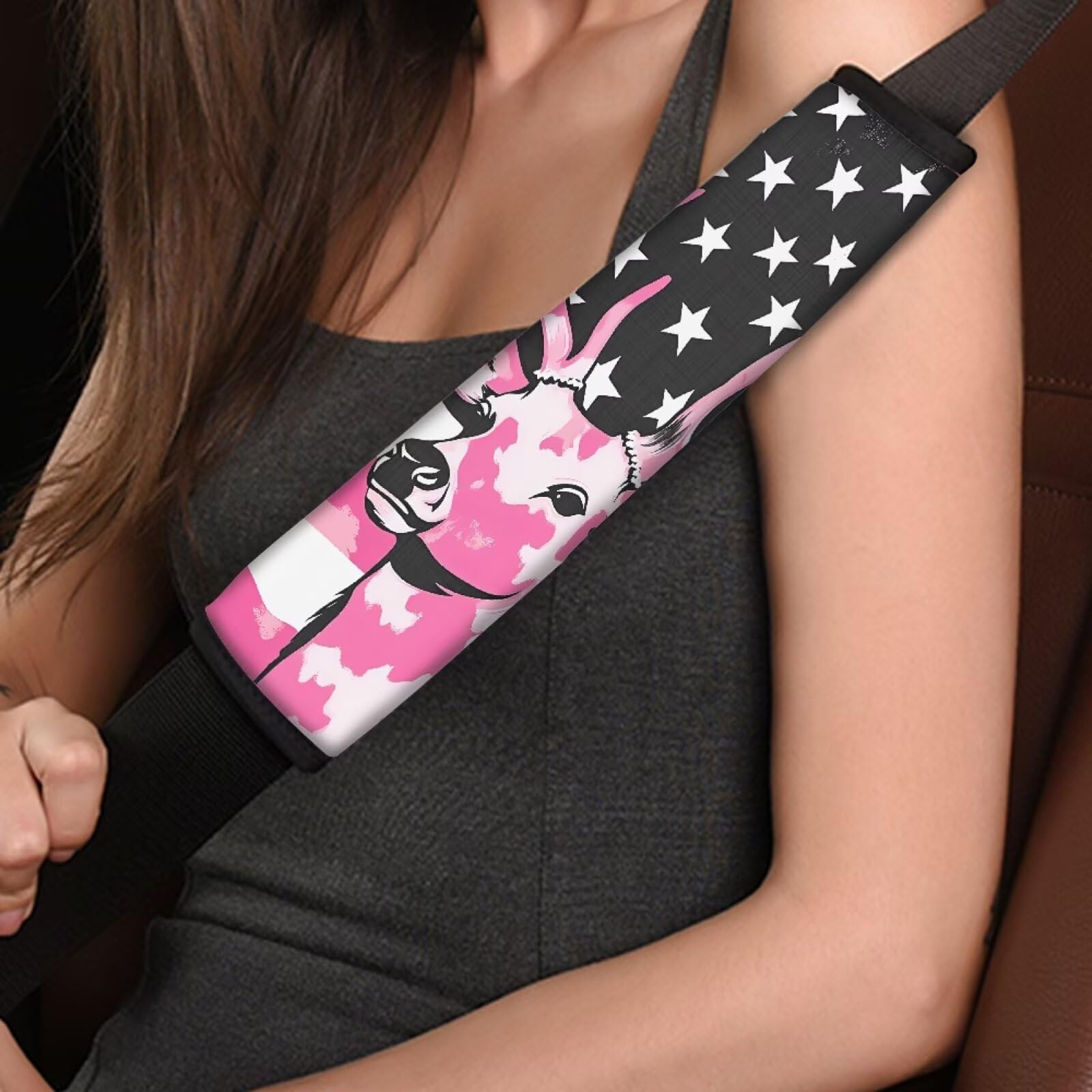 American Flag Car Seat Belt Pads - Pink Deer Seatbelt Protector with Patriotic Print, Universal Soft Comfort Shoulder Strap for Cars, Trucks & SUVs - Perfect for Road Trips, Commuting & Family Travel