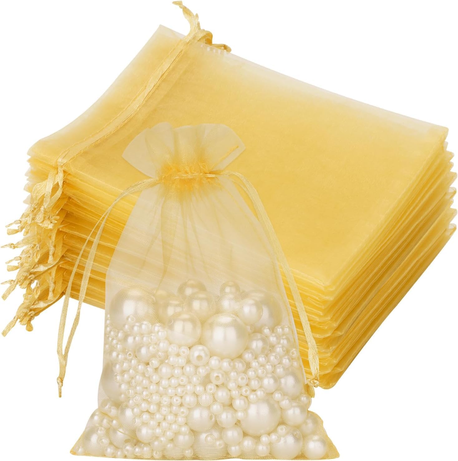 DMS RETAIL 10-Pack Golden Organza Bags 16x23cm - Wedding Party Favors, Jewelry Pouch, Dry Fruit & Candy Bags, Shagun Potli for Gifts - Perfect for Bridal Showers, Birthday Parties & Festive Celebrations