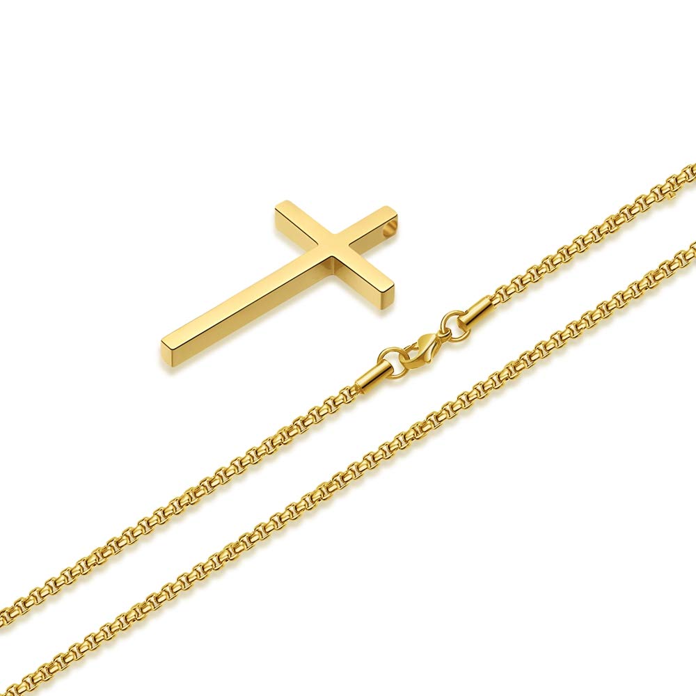 MMOOHAM Men's Cross Necklace - Silver, Black & Gold Stainless Steel Plain Cross Pendant with Adjustable 16-30 Inch Box Chain | Religious Jewelry Gift for Baptism, Confirmation & Everyday Wear