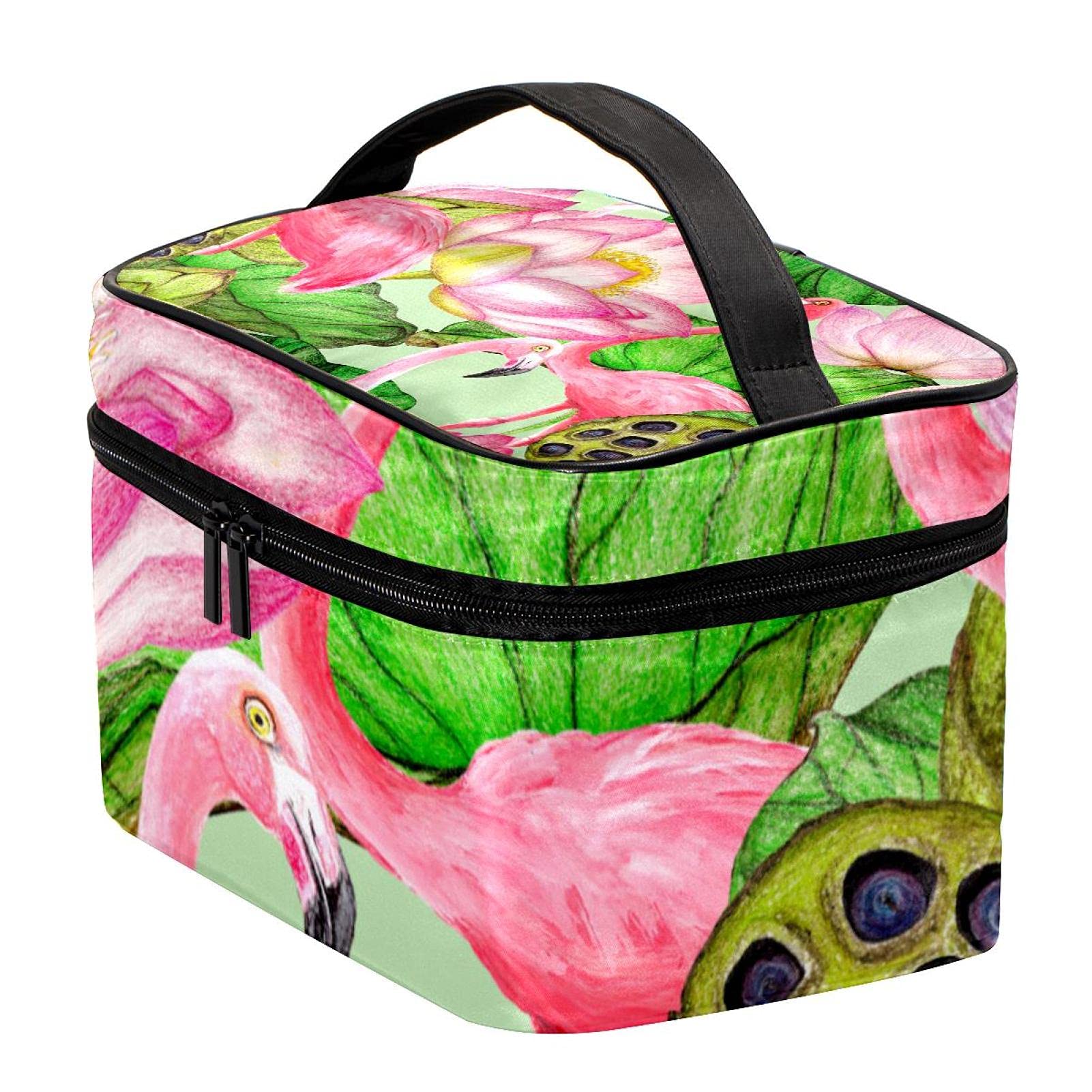 Hand Drawn Flamingo & Lotus Floral Travel Makeup Bag - Large Waterproof Cosmetic Organizer with Zipper - Perfect for Women & Girls Travel, Gym, Beach & Daily Use