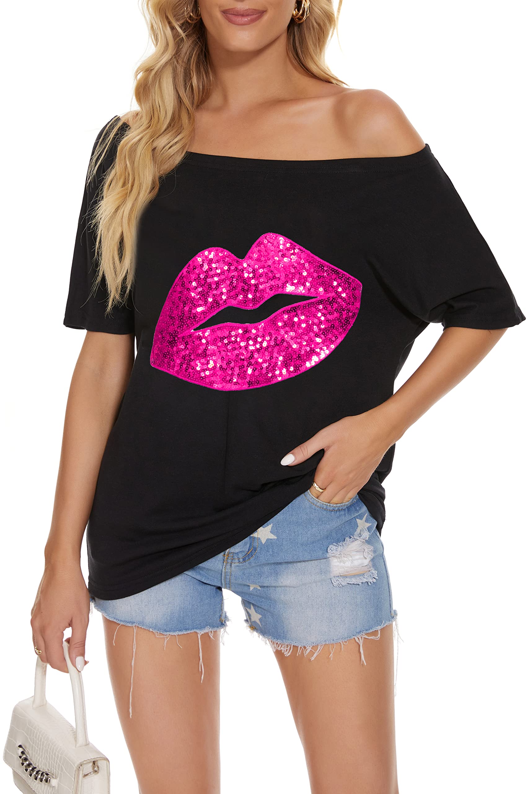 PESION Women's Off The Shoulder Tops - Sexy Shiny Metallic Blouses with Short Sleeves & Fashion Graphic Print | Perfect for Night Out, Party, Date Night & Summer Vacation