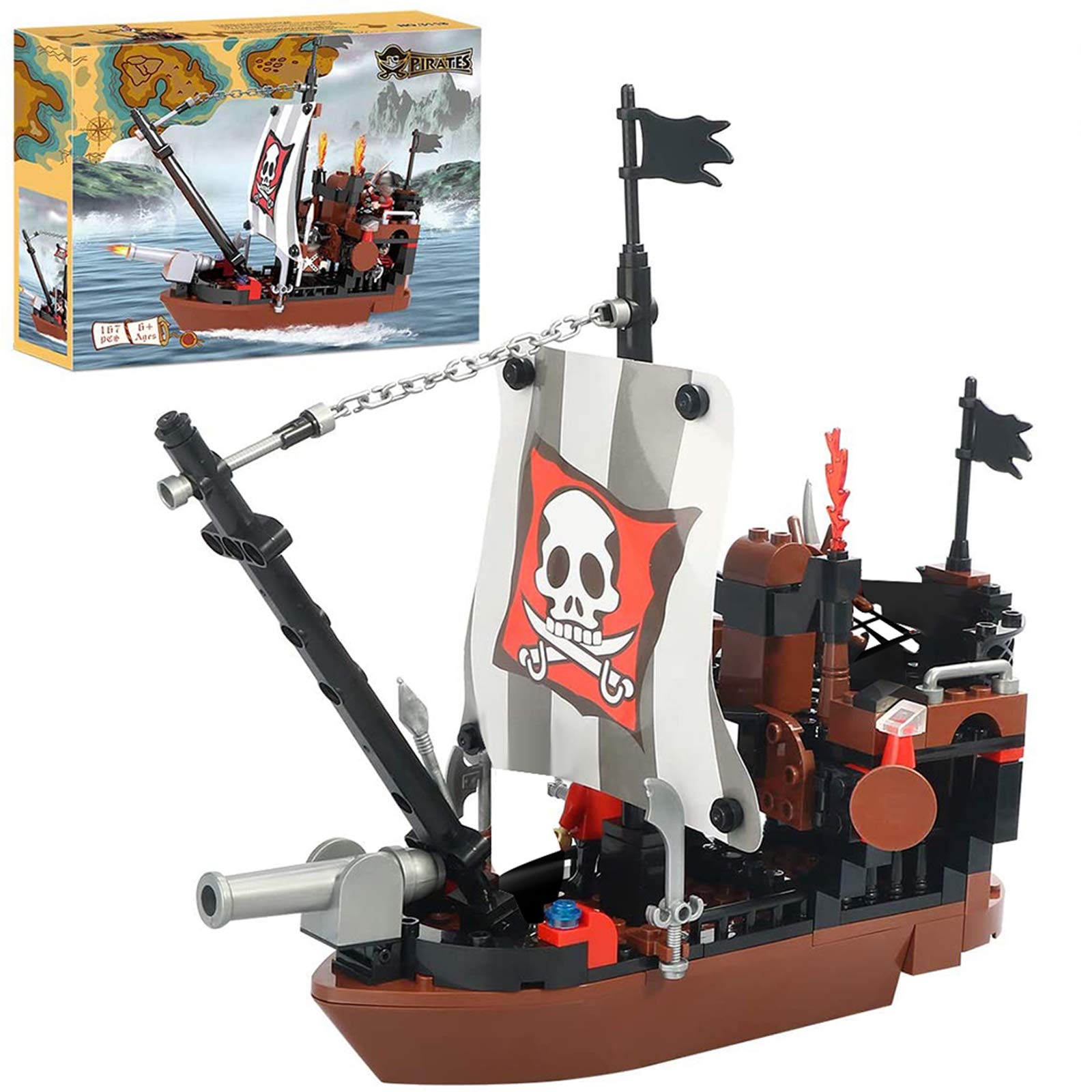 BRICK STORY Pirate Ship Building Blocks Set - 167pcs with 3 Mini Figures, Boat & Ship Model - Creative Construction Toy for Kids Ages 6-12 - Perfect Gift for Boys & Girls - Pirate Adventure Play for Imaginative Storytelling & Role Play Scenes