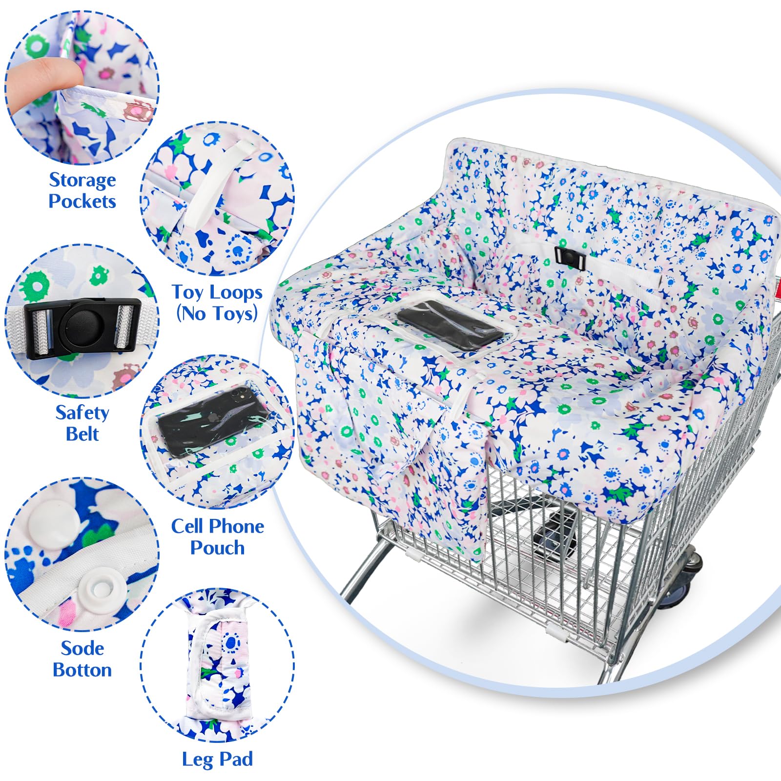 Floral Shopping Cart Cover & High Chair Cover - Portable 2-in-1 Baby Safety Harness with Clear Phone Pouch | Perfect for Grocery Stores, Restaurants & Travel