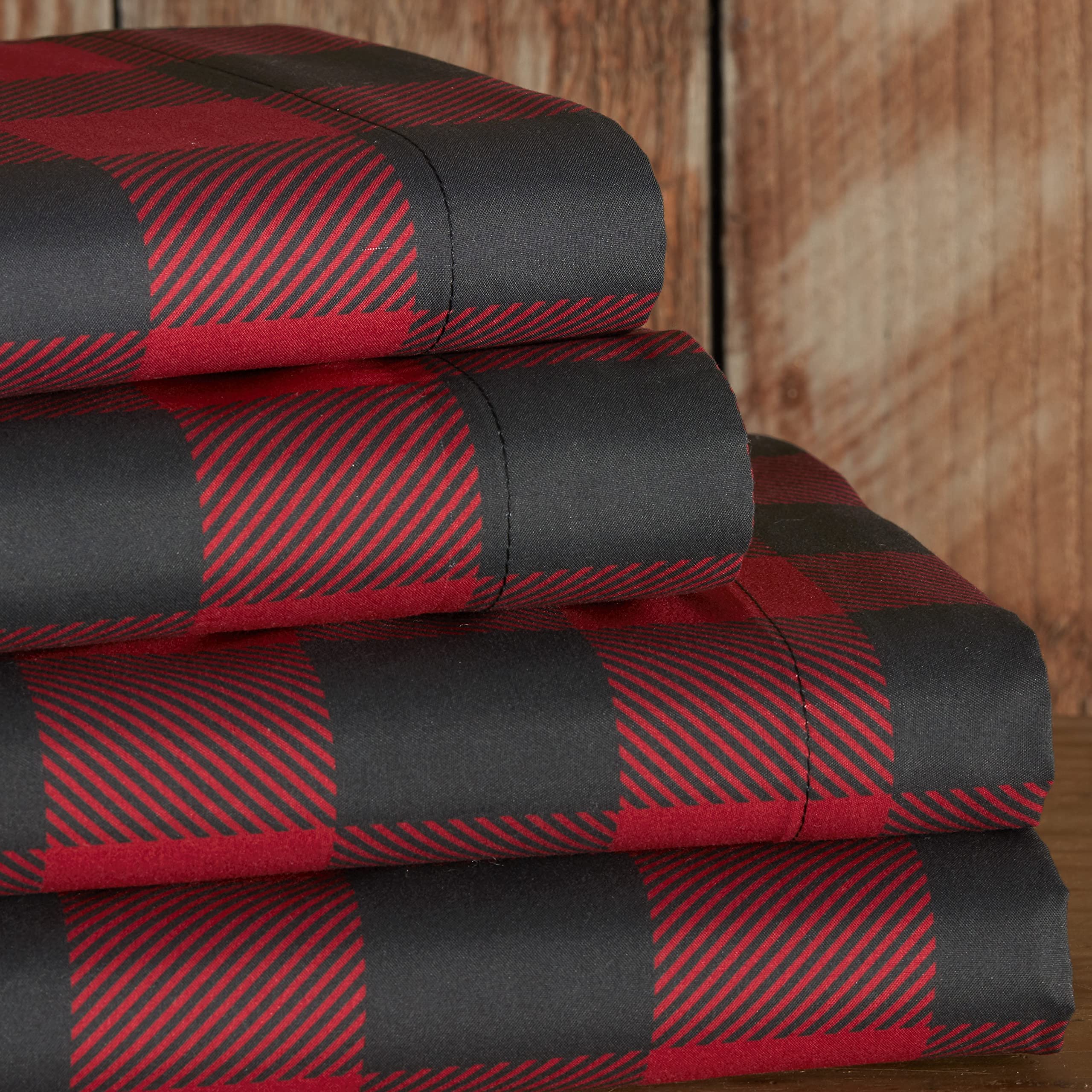 Buffalo Check Bed Sheet Set with Pillowcases - Red/Black Plaid - Full Size 4-Piece - Soft Breathable Cotton - Perfect for Cozy Cabin, Farmhouse & Winter Bedroom Decor