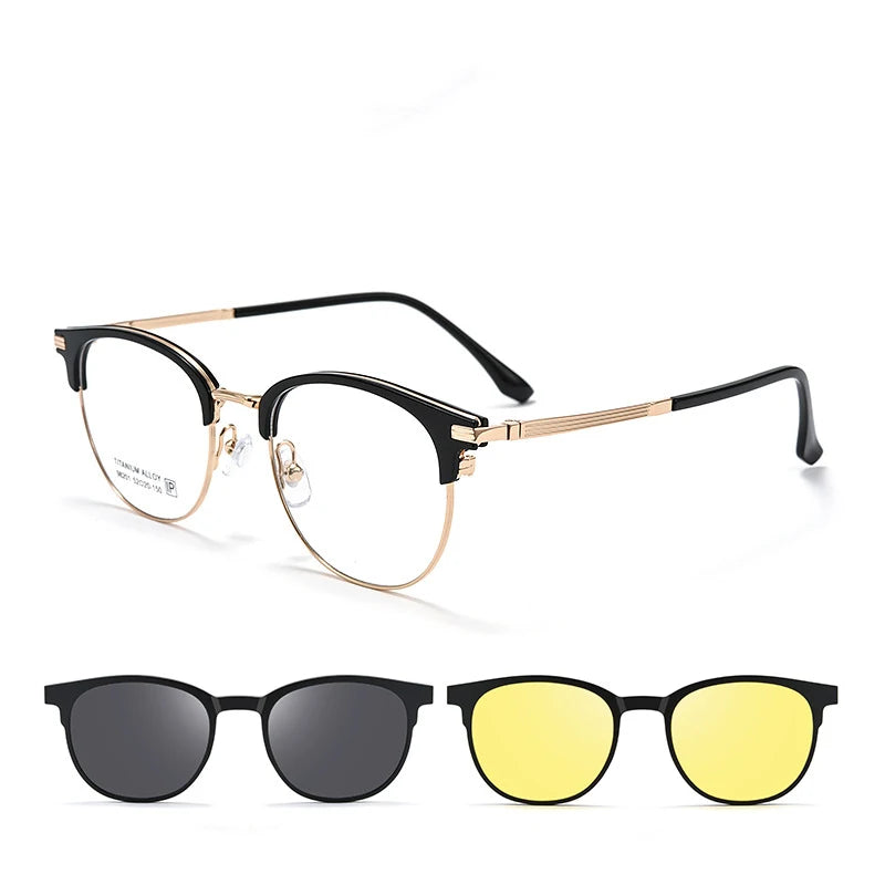 Bclear Unisex Full Rim Round Alloy Eyeglasses with Clip-On Polarized Sunglasses 9820 - Stylish UV Protection for Driving, Outdoor Activities & Everyday Wear