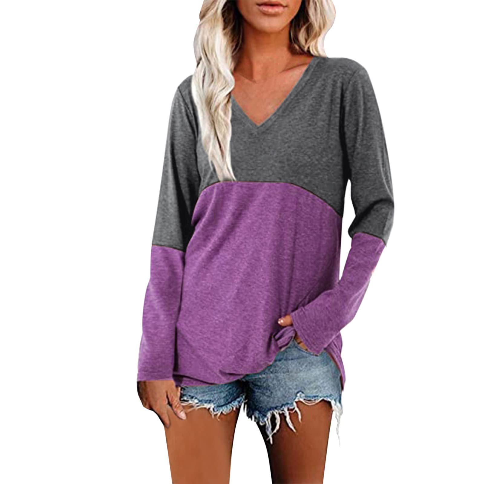 Women's Loose Fit Color Block Long Sleeve Tunic Top - V Neck Pullover Casual Shirt for Fall | Trendy Layering Piece for Work, Weekend & Date Nights
