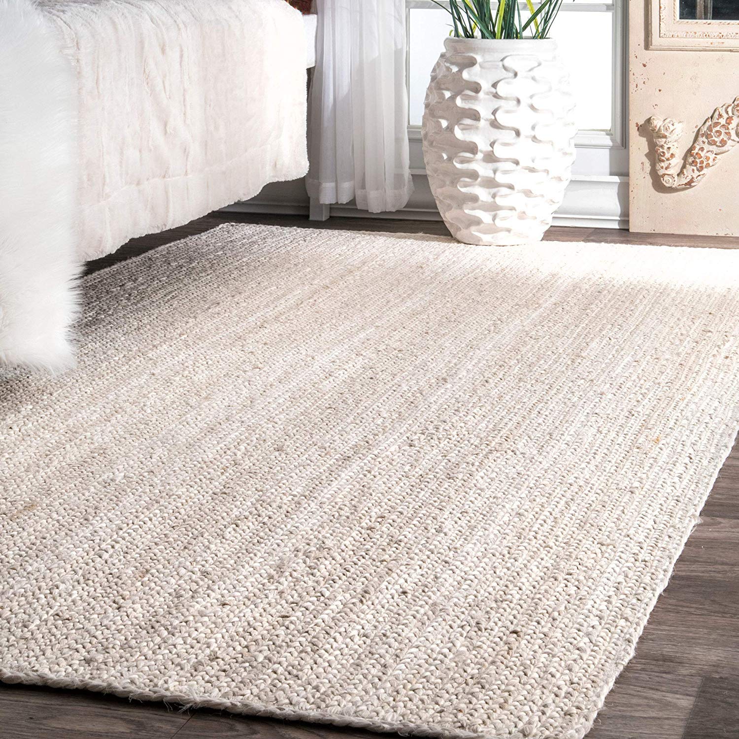 Handwoven Jute Area Rug - Natural Braided Rectangle Farmhouse Rug for Living Room, Bedroom, Kitchen (7x10 Feet, Off White) | Eco-Friendly Home Decor & Cozy Floor Mat for Family Gatherings