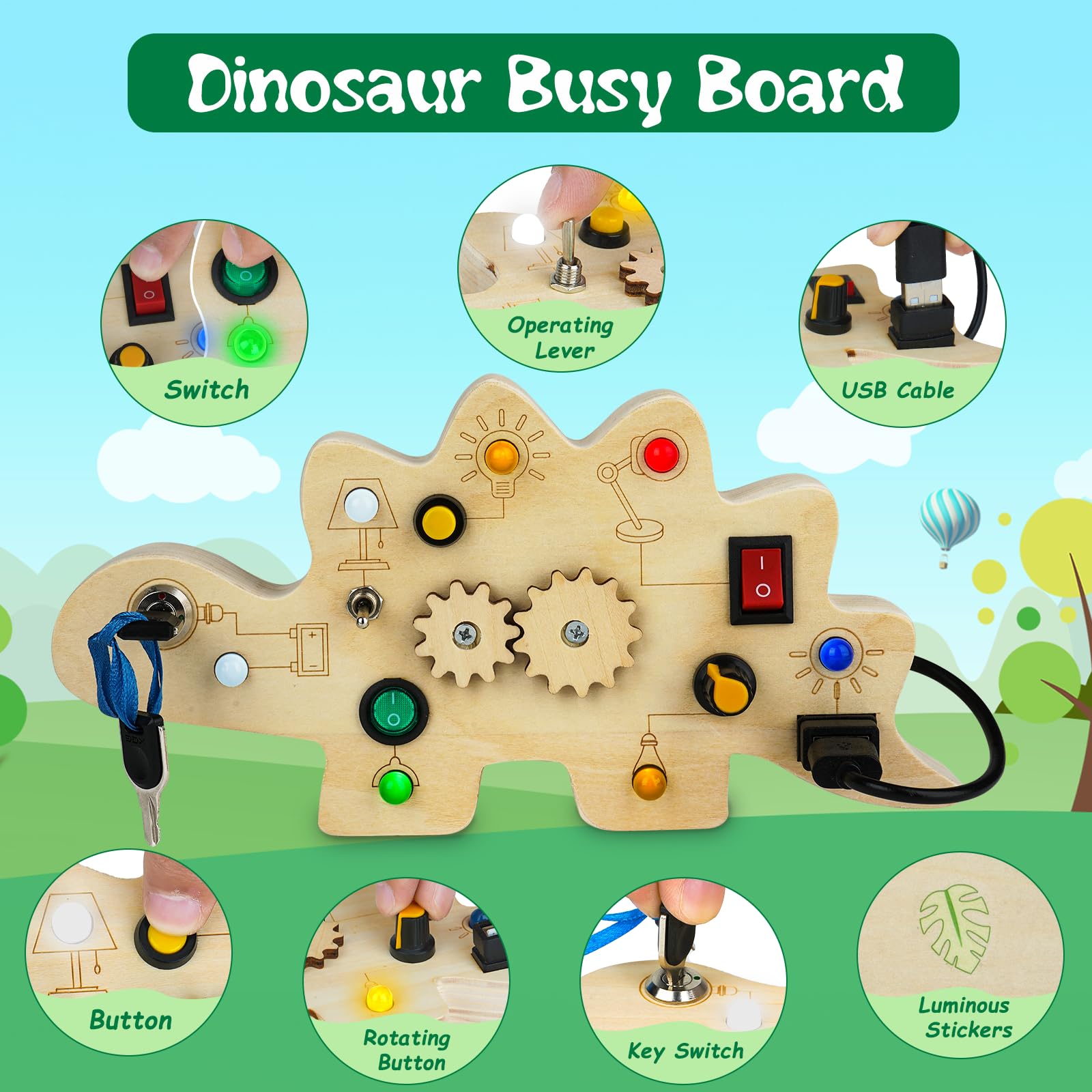 Montessori Busy Board for Toddlers 1-3 - Wooden LED Dinosaur Sensory Toy | Perfect Gift for Boys & Girls