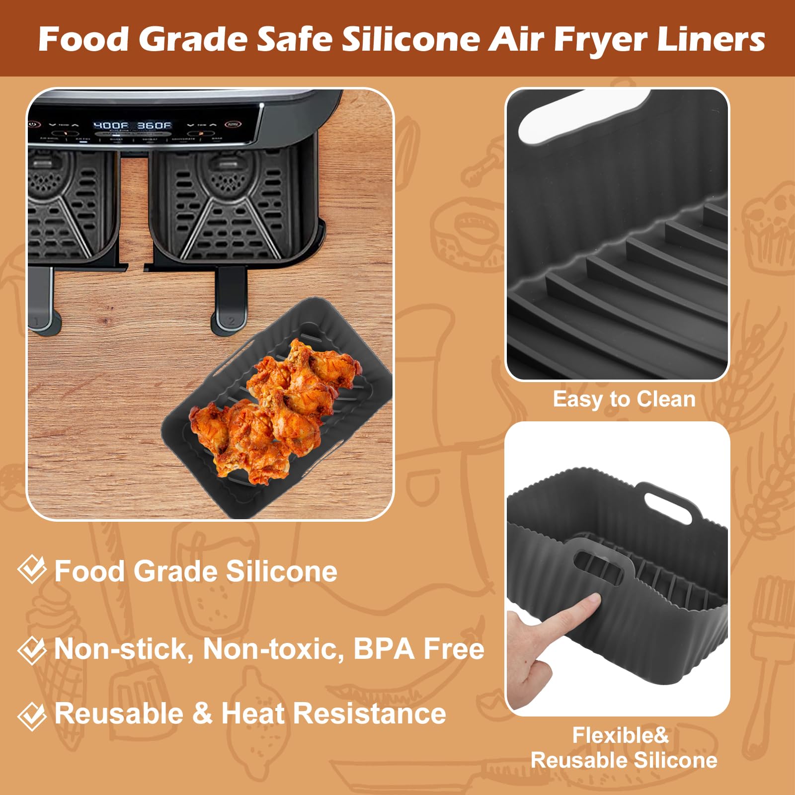 Reusable Silicone Air Fryer Liners for Ninja Foodi AF300UK & Dual Zone - 2Pcs Non-Stick Basket Liners (7.6L) - Perfect for Healthy Cooking, Crispy Fries & Family Meals