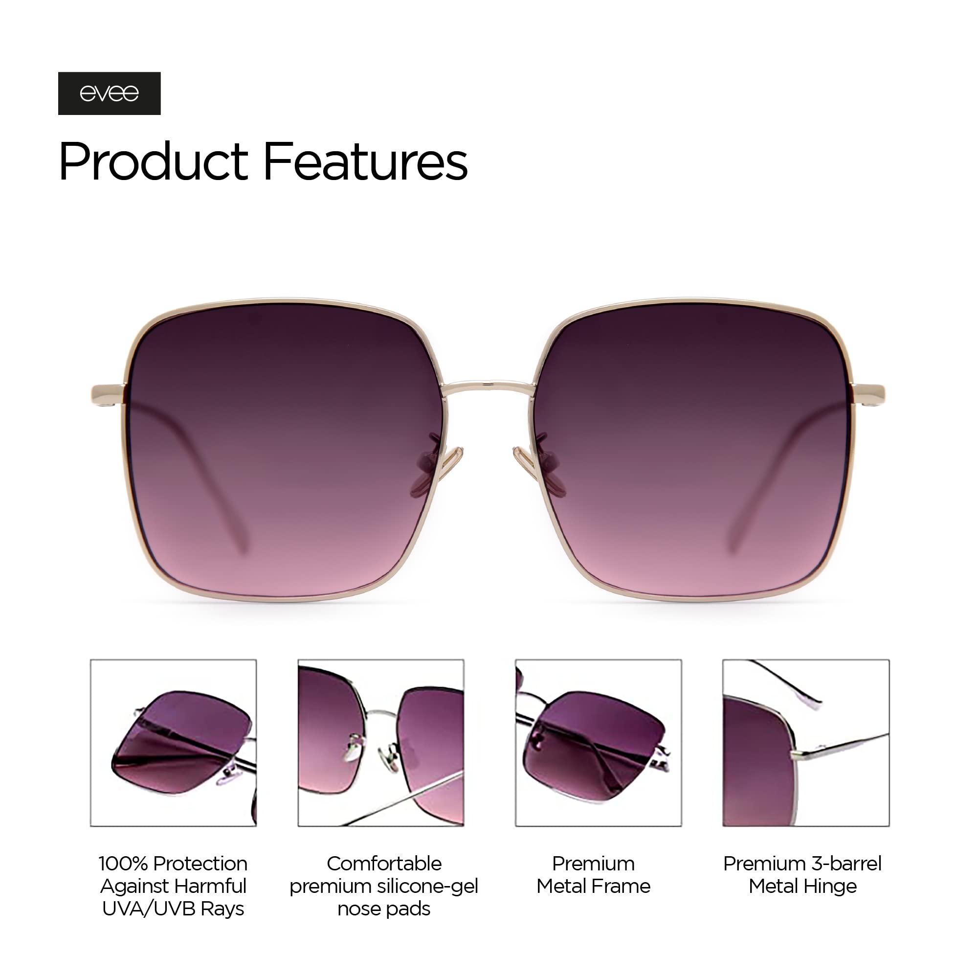 EVEE Square Oversized Sunglasses for Women - UV Protection, Flat Lenses & Metal Frame (Kelly) - Perfect for Driving, Beach & Fashion Accessories