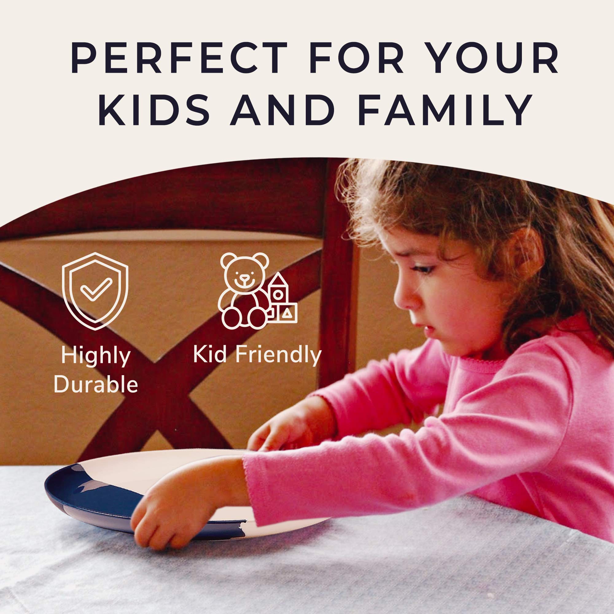 Durable Melamine Dinner Plates Set of 4 - Break & Chip-Resistant, Dishwasher Safe Dinnerware for Kids & Adults - Perfect for Indoor, Outdoor, Picnics & Parties (Ivory/Navy)