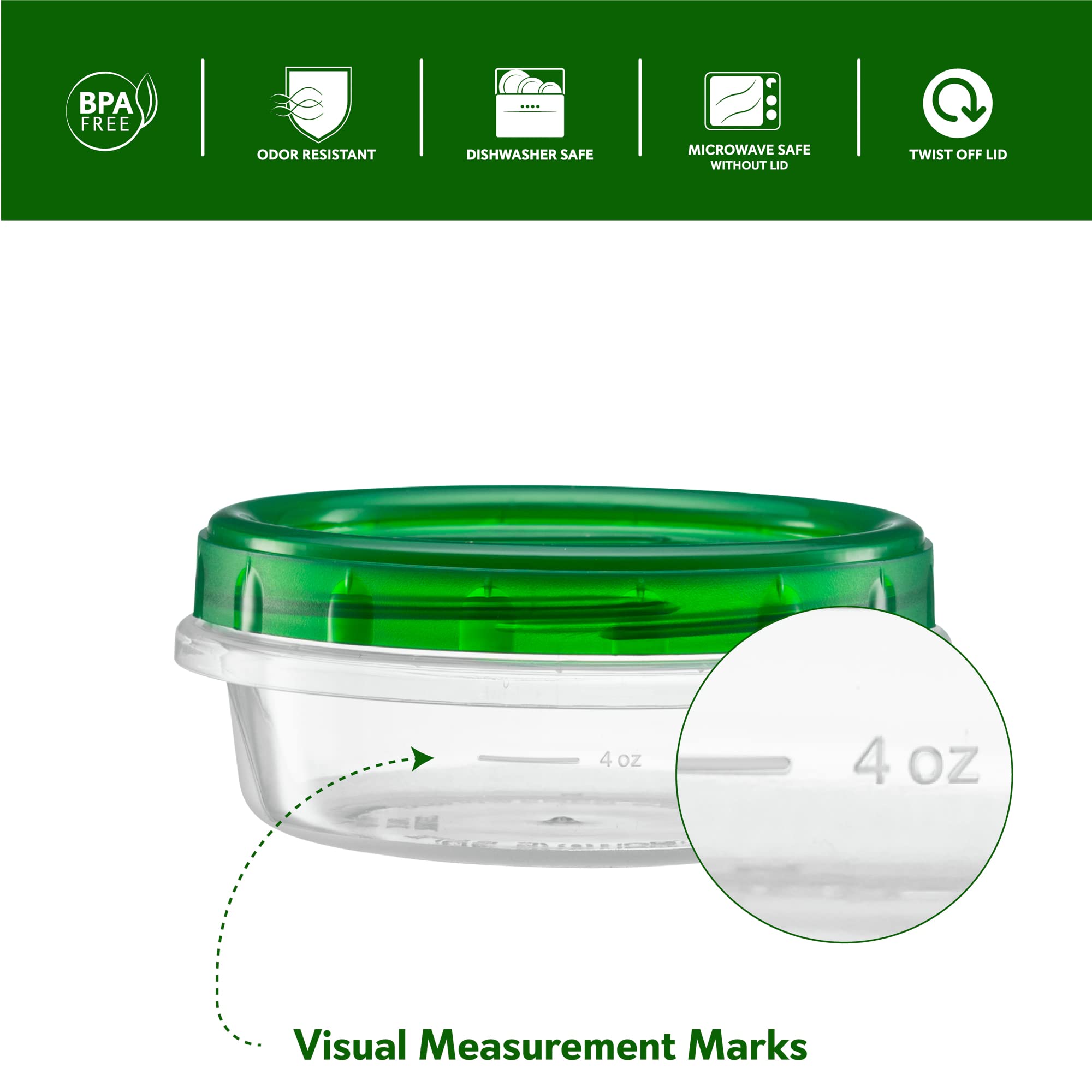 8 Ounce (10 Pack) Clear Bottom Green Top Twist Cap Food Storage Containers with Screw-On Lids - Perfect for Freezer, Meal Prep & Leftovers