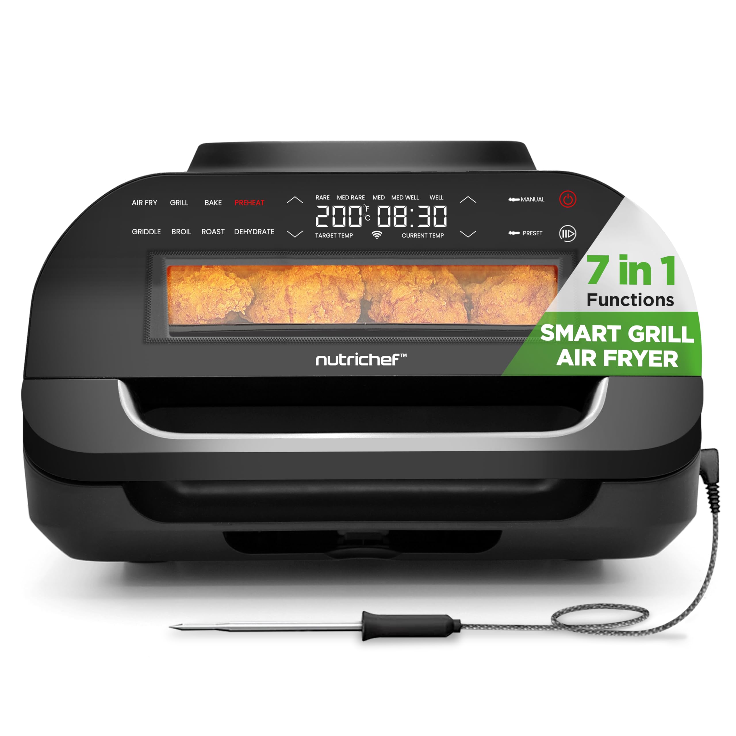NutriChef Indoor Smokeless Grill & Air Fryer Combo - 7-in-1 Smart Electric Grill with 6L Capacity, Smart Thermometer & Precise Temp Control - Nonstick Removable Plates for Healthy Cooking - Perfect for Apartments, Small Kitchens & Family BBQs