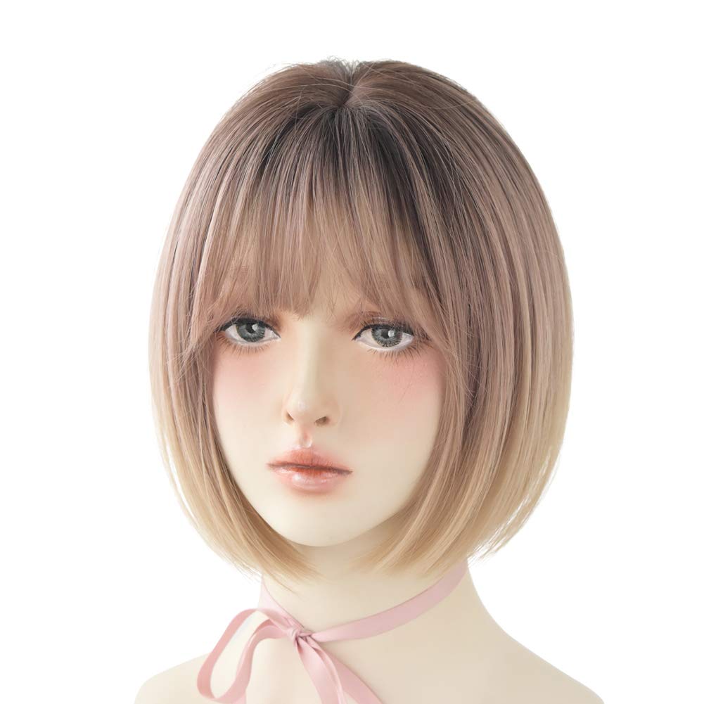 Natural Looking Blonde Short Bob Wig with Bangs - Straight Rose Golden Synthetic Hair for Women | Perfect for Daily Wear, Cosplay, and Party Events (Rose Gold)
