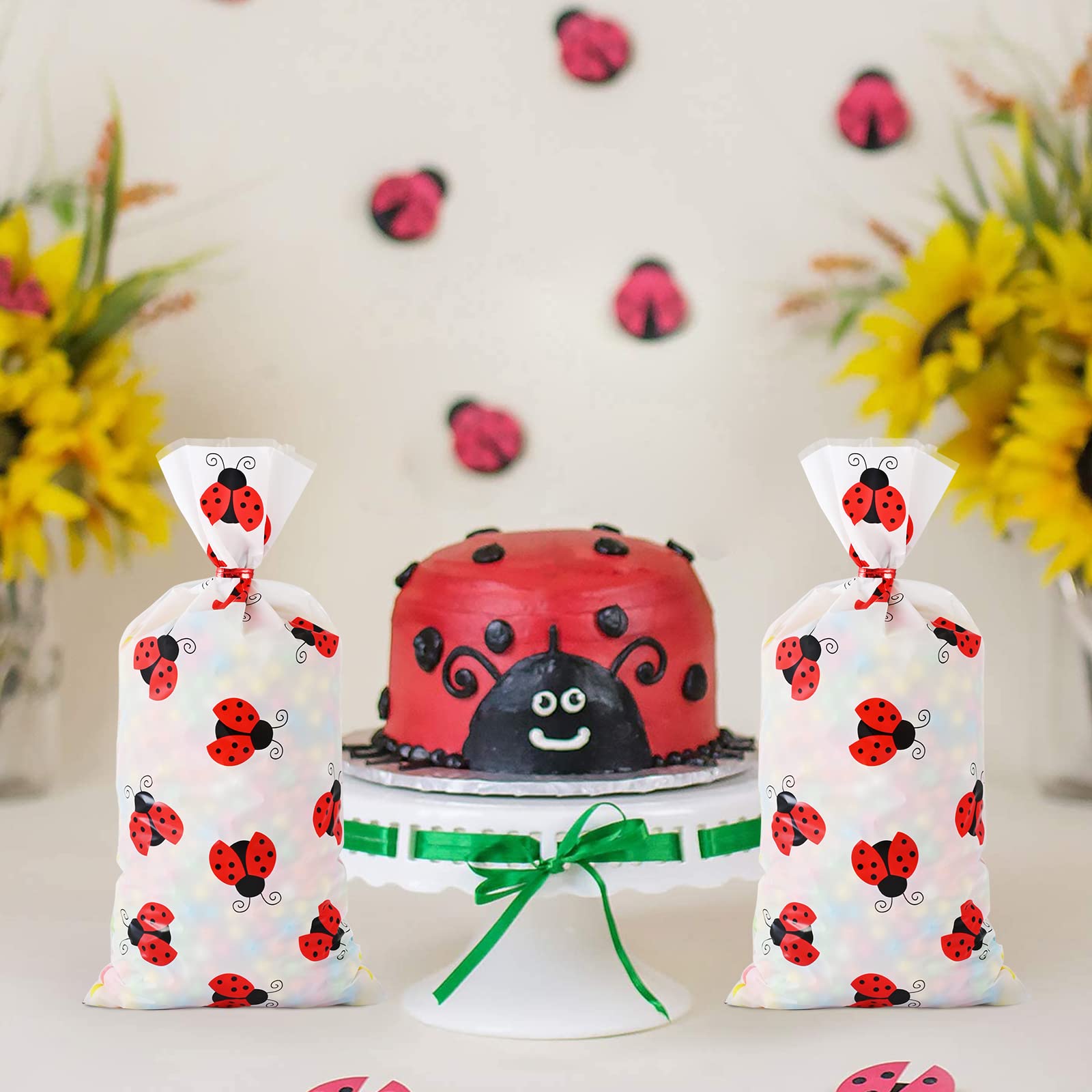 100 Pcs Ladybug Treat Bags - Red Cellophane Candy Bags with Twist Ties for Birthday Party Favors, Baby Shower, Garden Theme Decorations & Kids Party Supplies - Perfect for Ladybug-Themed Celebrations and Classroom Treats