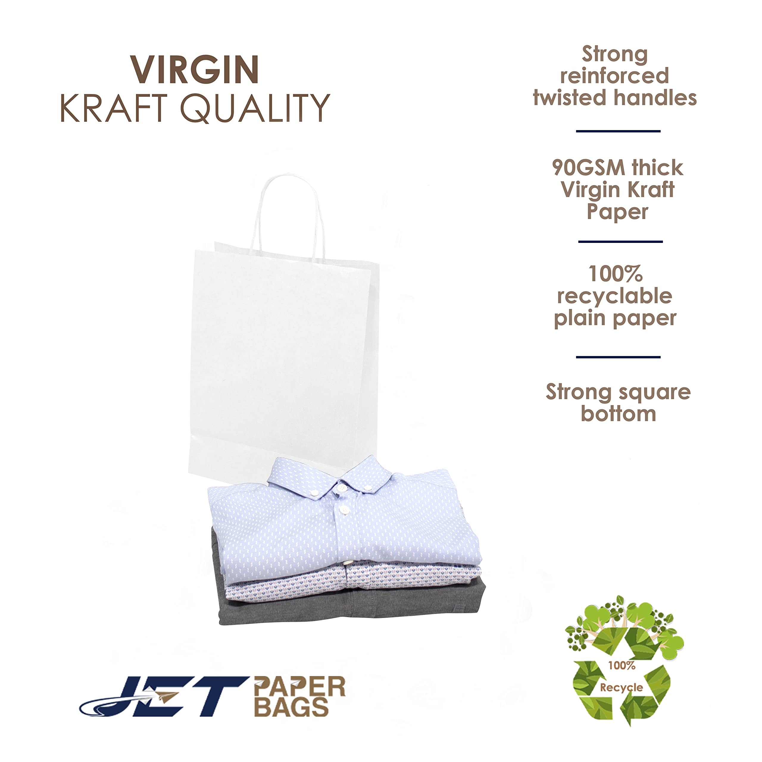 JET PAPER BAGS 13x7x17 Inches (250 Count) - White Kraft Paper Bags with Twisted Handles for Retail, Grocery, Party Favors & Gift Packaging | Eco-Friendly Recyclable Shopping Bags for Takeout, Wedding Favors & Craft Projects
