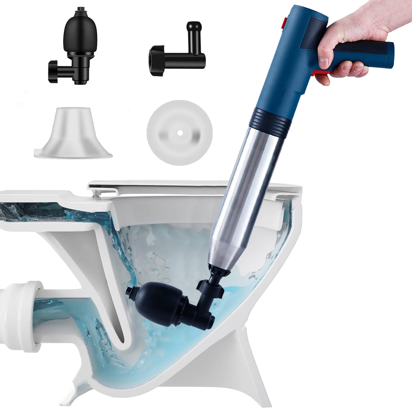 Electric Toilet Plunger with High Pressure Air Pump - Heavy Duty Drain Clog Remover Tool with Built-In Battery - Powerful Air Drain Blaster for Toilets, Sink, Bathtubs & Floor Drains (Blue) - Perfect for Home, RV & Commercial Plumbing Emergencies