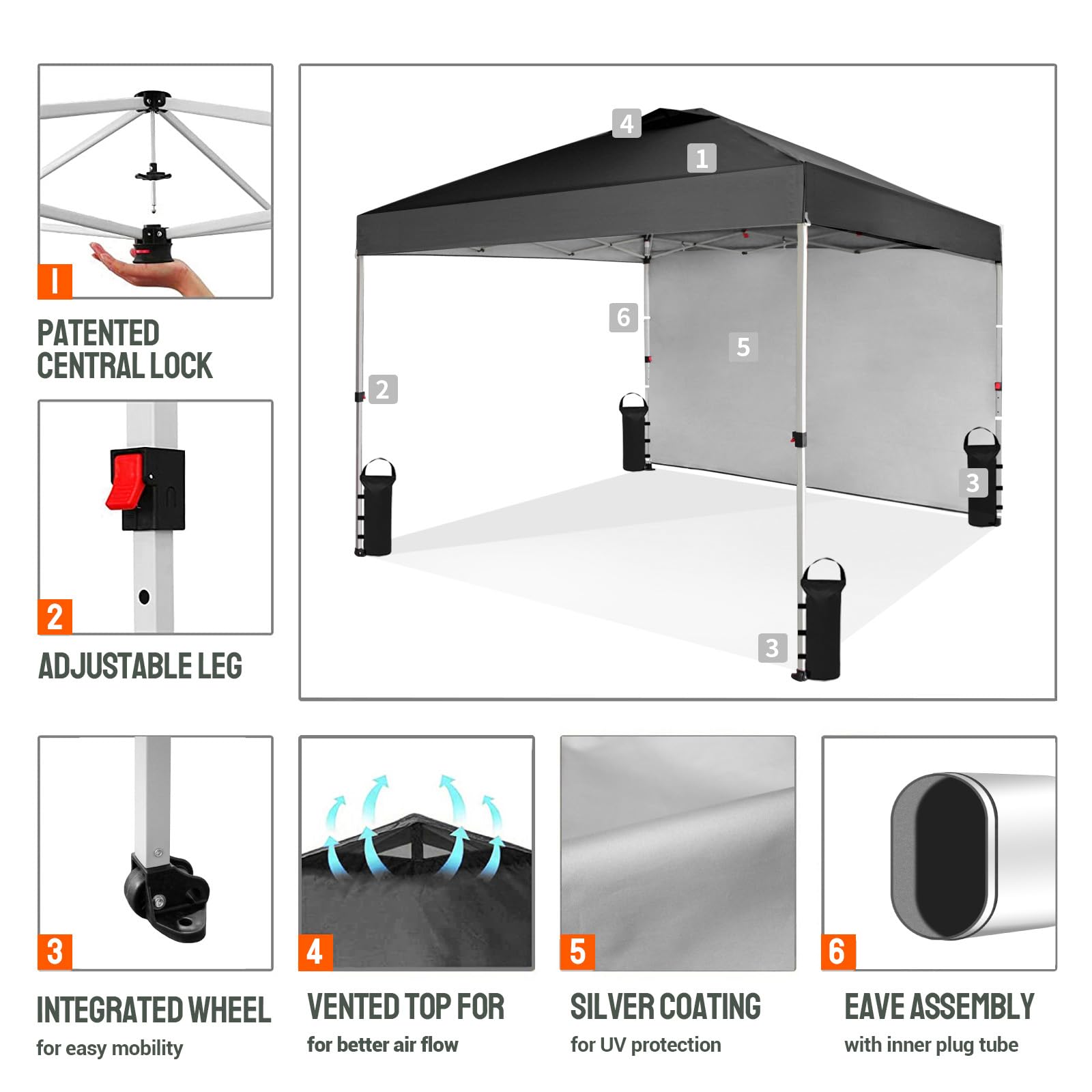 CROWN SHADES 10x10 Pop Up Canopy Tent with 1 Side Wall - Instant Setup Beach Shade for Outdoor Events, Parties & Camping - Portable Gazebo with STO-N-Go Carry Bag (Black) - Perfect for Backyards, Picnics, Tailgating & Beach Trips