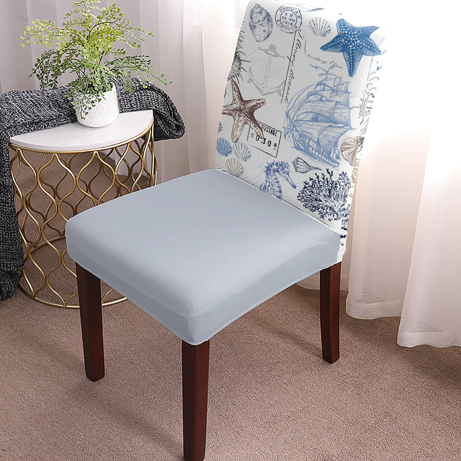 Stretch Dining Room Chair Covers Set of 6 - Nautical Sailboat Beach Theme with Starfish & Seashell Design, Elastic Bottom Seat Protectors for Kitchen, Office & Home Decor | Perfect for Coastal-Themed Dining Rooms, Beach Houses & Restaurant Decor