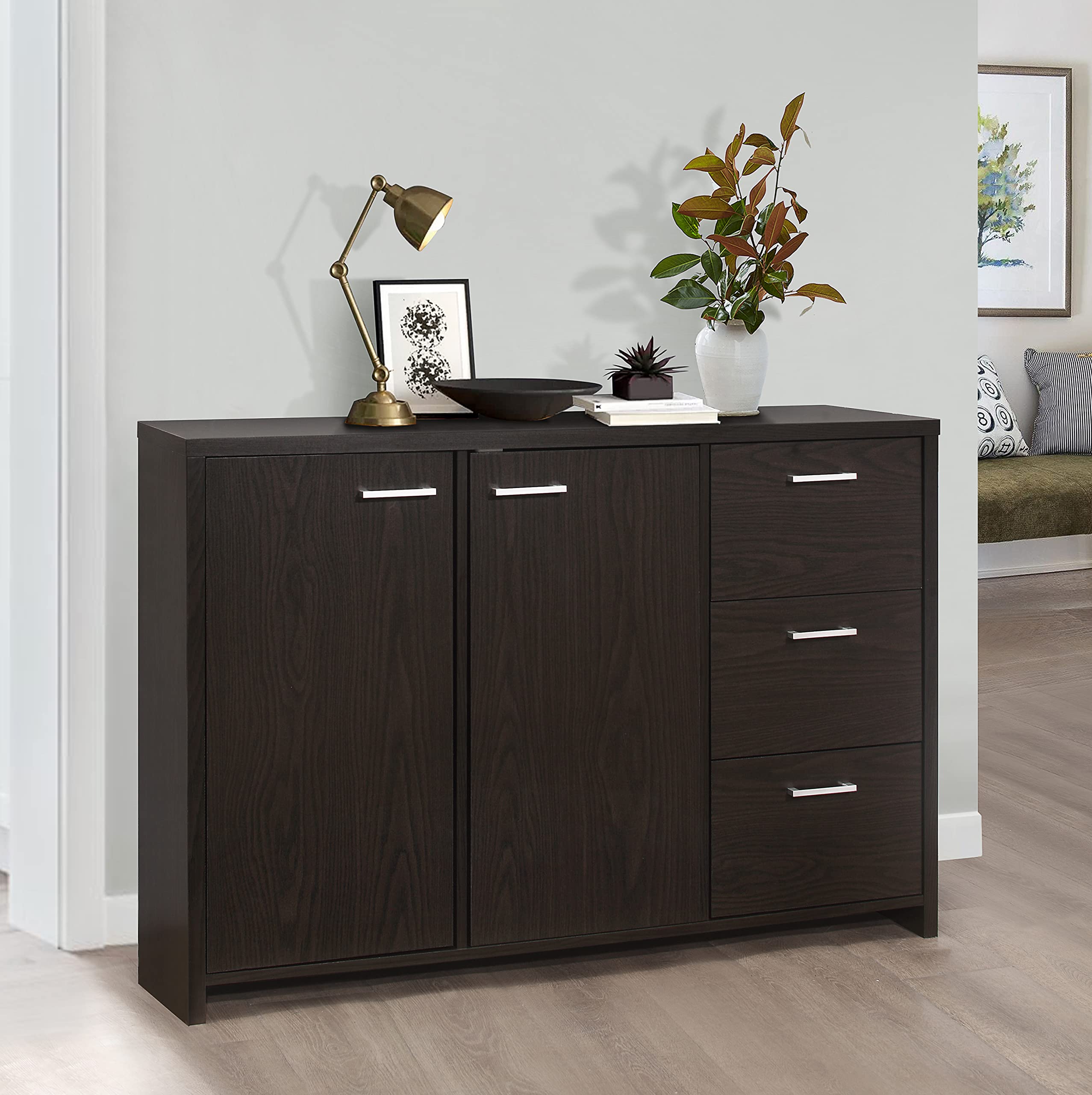 Kings Brand Solid Oak Sideboard Buffet Cabinet - Kitchen Dining Room Storage with Chocolate Finish | Entryway Buffet for Home Decor & Organization