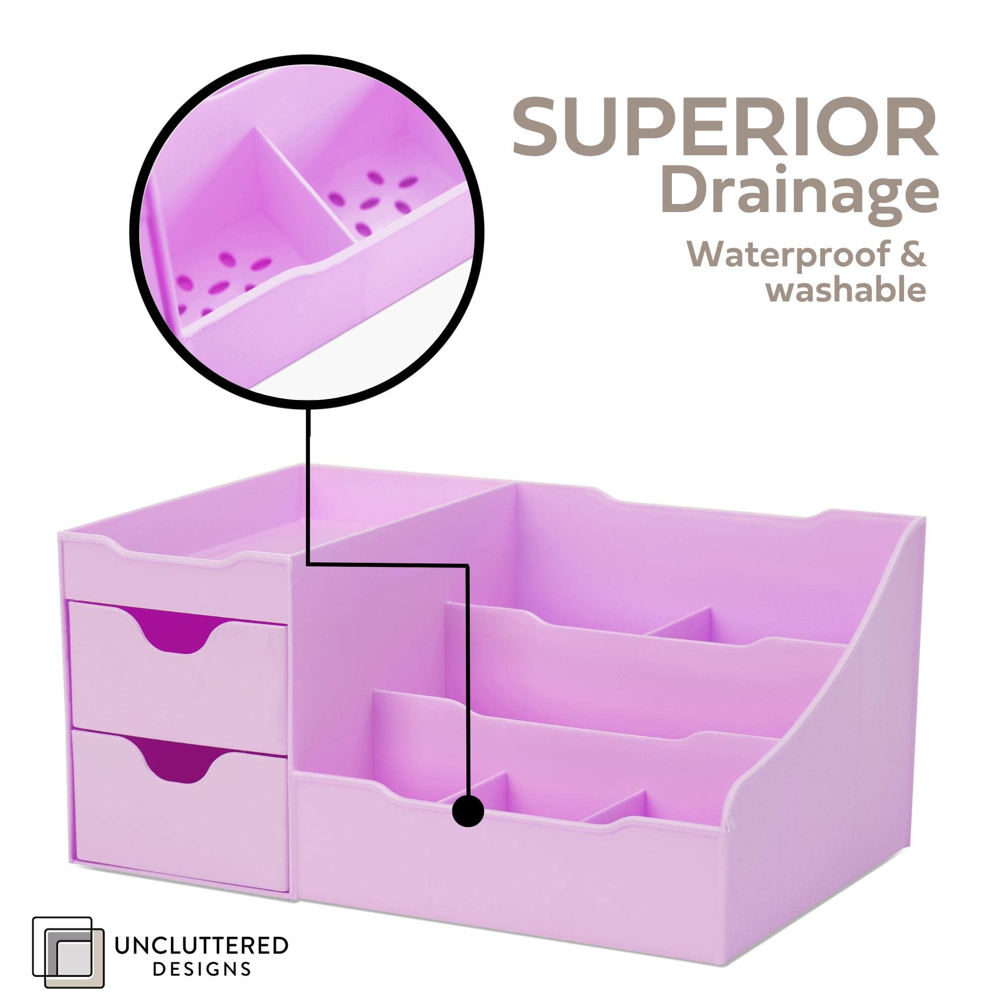 Modern Makeup Organizer with Drawers - Countertop Cosmetic Storage for Brushes, Lipstick, Nail Polish & Skincare - Vanity Display Organizer for Perfume & Beauty Products (Purple) - Perfect for Bedroom, Bathroom & Dressing Table Organization