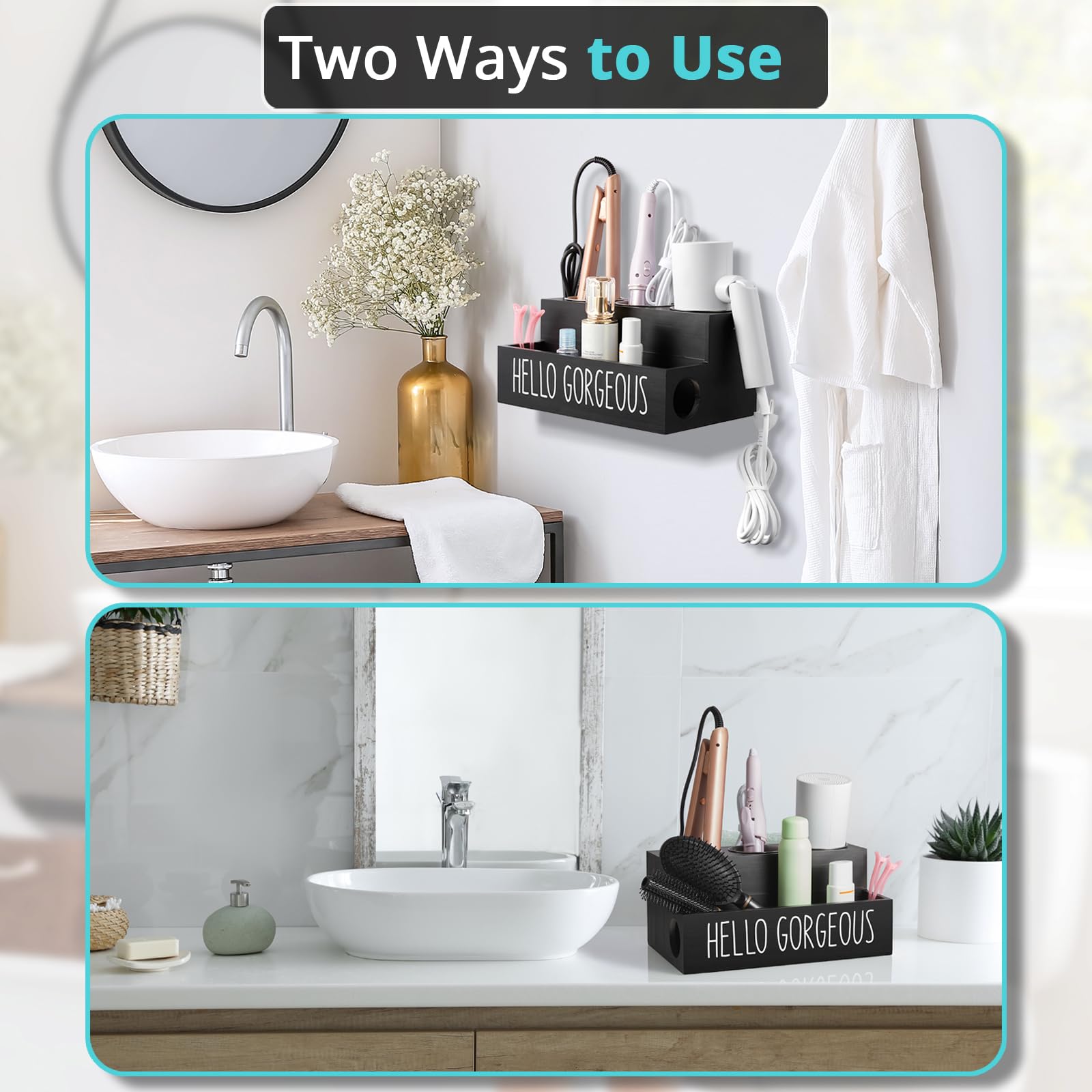 Wooden Hair Tool Organizer - Wall Mount & Countertop Holder for Hair Dryer, Curling Wand & Styling Tools | Bathroom Vanity Caddy | Perfect for Salon, Home & Travel Use (Black)