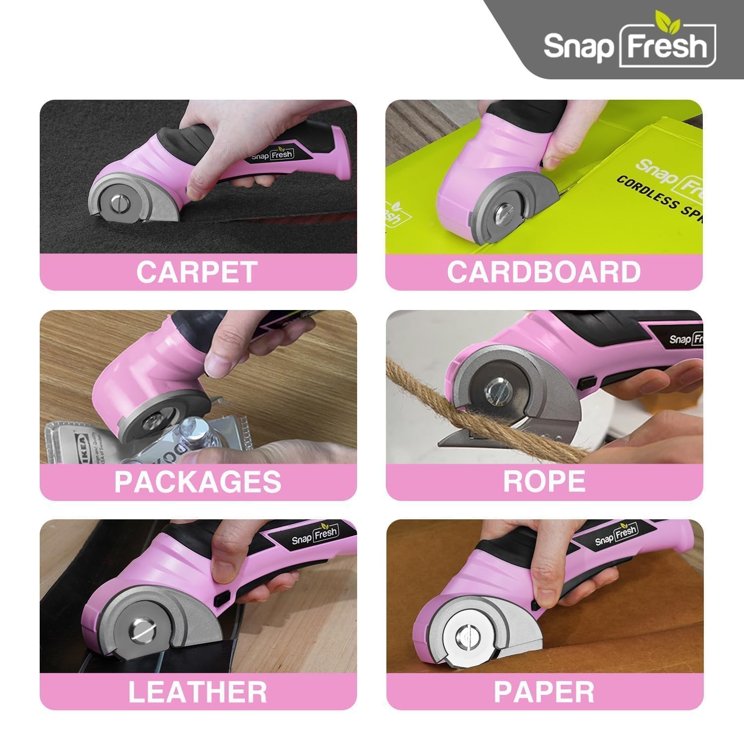 SnapFresh 4V Cordless Electric Scissors - Self-Sharpening Rotary Cutter for Cardboard, Plastic, Leather, Packages, Carpet & Boxes | Mini Electric Scissors for DIY Crafts, Home Improvement, Office & Warehouse Use (Pink)