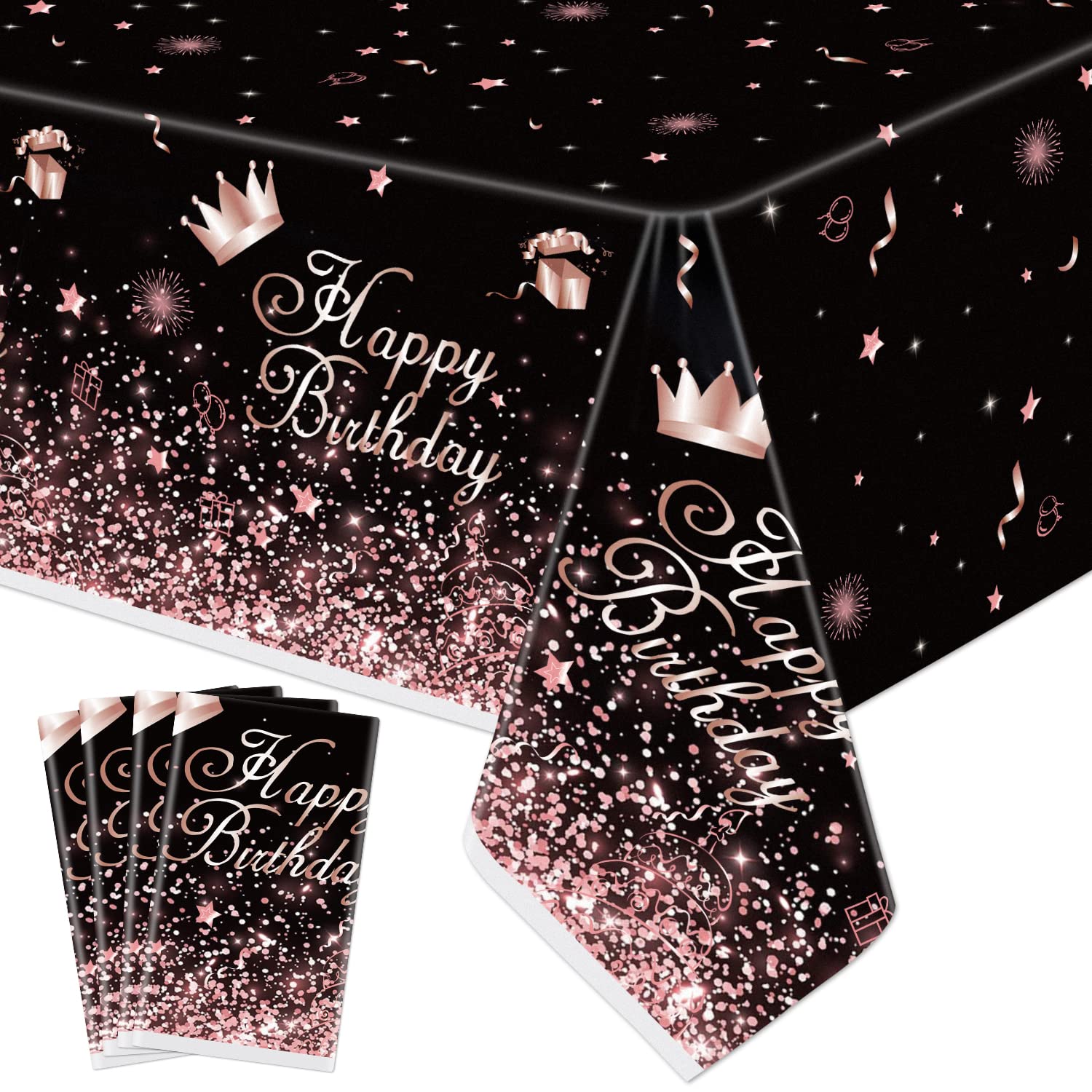 Black Rose Gold Plastic Tablecloth (Pack of 4) - 86 x 51 Inch Disposable Party Table Cover for Birthday, Wedding, Anniversary & Holiday Decorations - Elegant Black Rosegold Theme Party Supplies