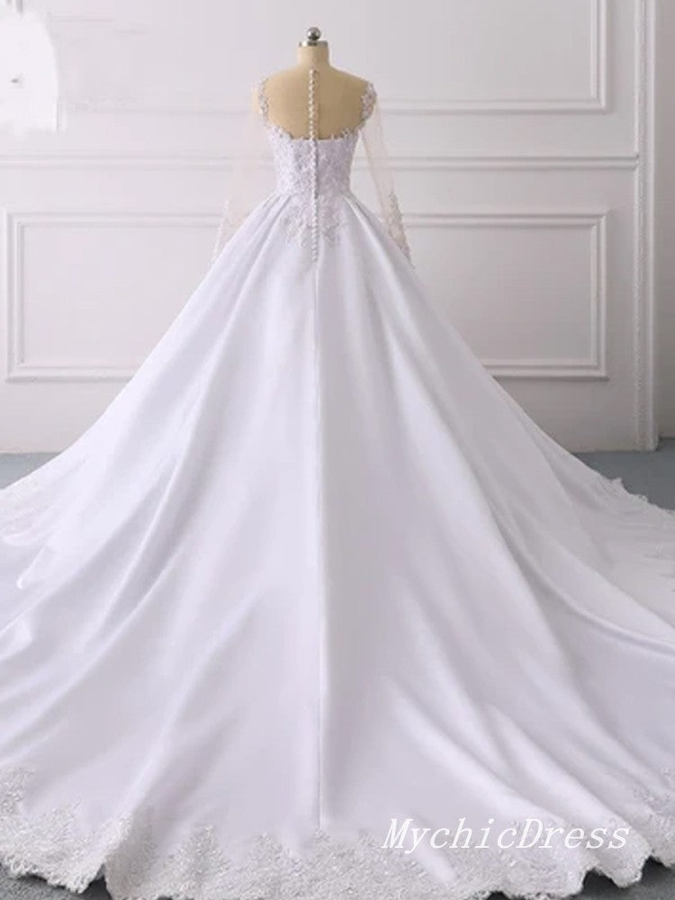 Elegant A-Line Lace Applique Satin Wedding Dress with Long Sleeves & Button Back - Perfect for Bridal Ceremony, Formal Events & Photoshoots