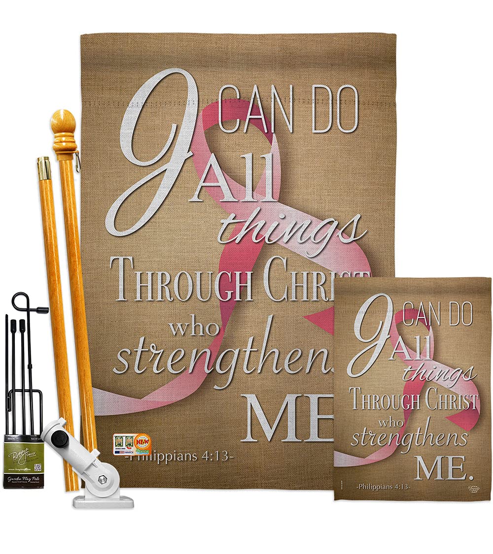 Inspirational Pink Ribbon Garden Flag Kit - 'I Can Do All Things Through Christ' Double-Sided 28x40 Inch - Support Cancer, Autism & BLM Awareness - Perfect for Yard, House Decor & Gift Giving