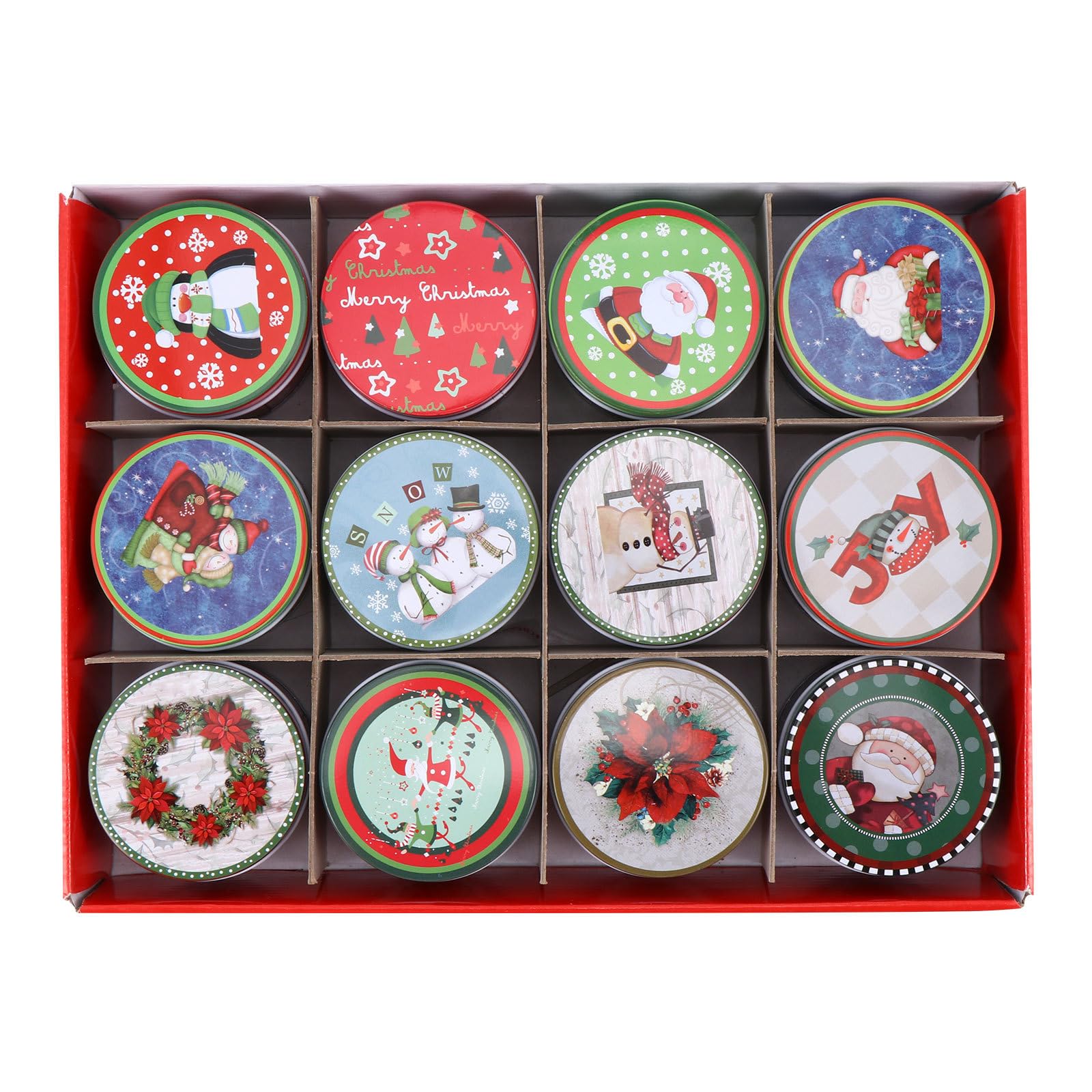 DOITOOL 12PCS Christmas Cookie Tins with Lids - Round Holiday Candy Storage Containers, Small Metal Cookie Box Set for Xmas Gifts, Party Favors & Baking Treats (2.95x2.95x1.97 Inch) - Perfect for Holiday Gift Wrapping, Cookie Exchanges & Festive Dessert Displays