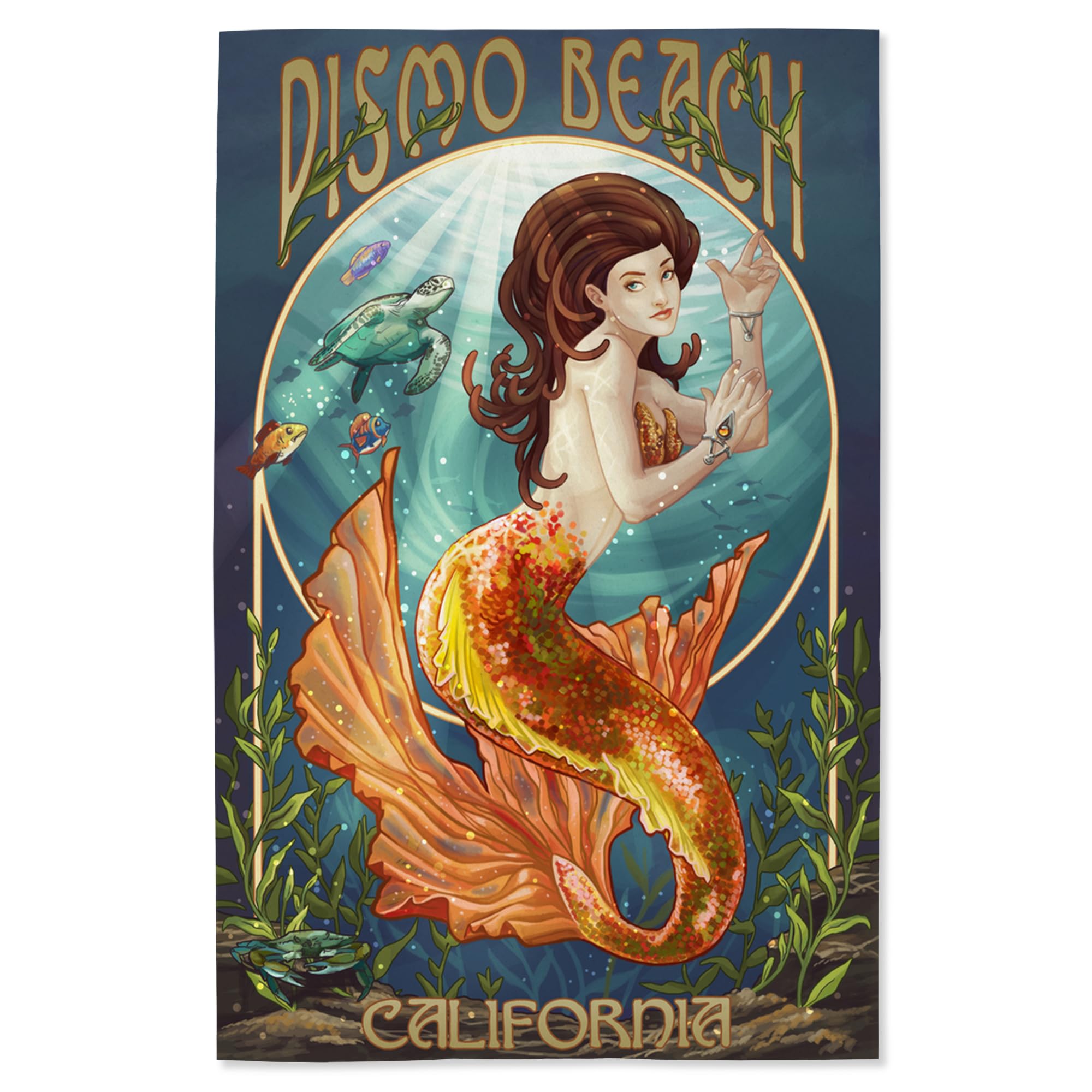 Lantern Press 16x24 Inch Giclee Art Print - Pismo Beach California Coastal Mermaid Painting in Vibrant Orange | Wall Decor for Beach House, Living Room & Bedroom
