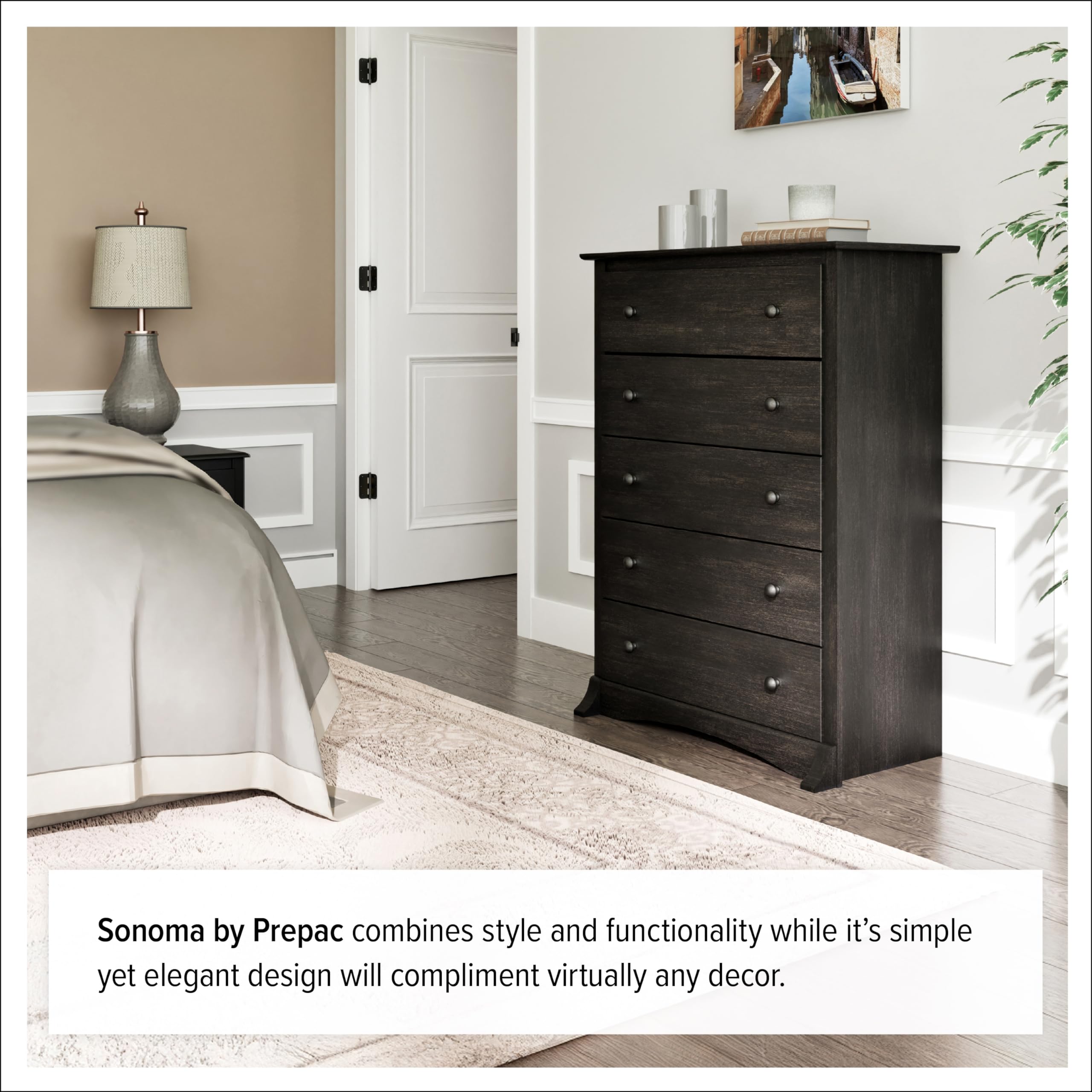 Prepac Sonoma Traditional 5-Drawer Tall Dresser - Bedroom Storage Furniture with 17.75