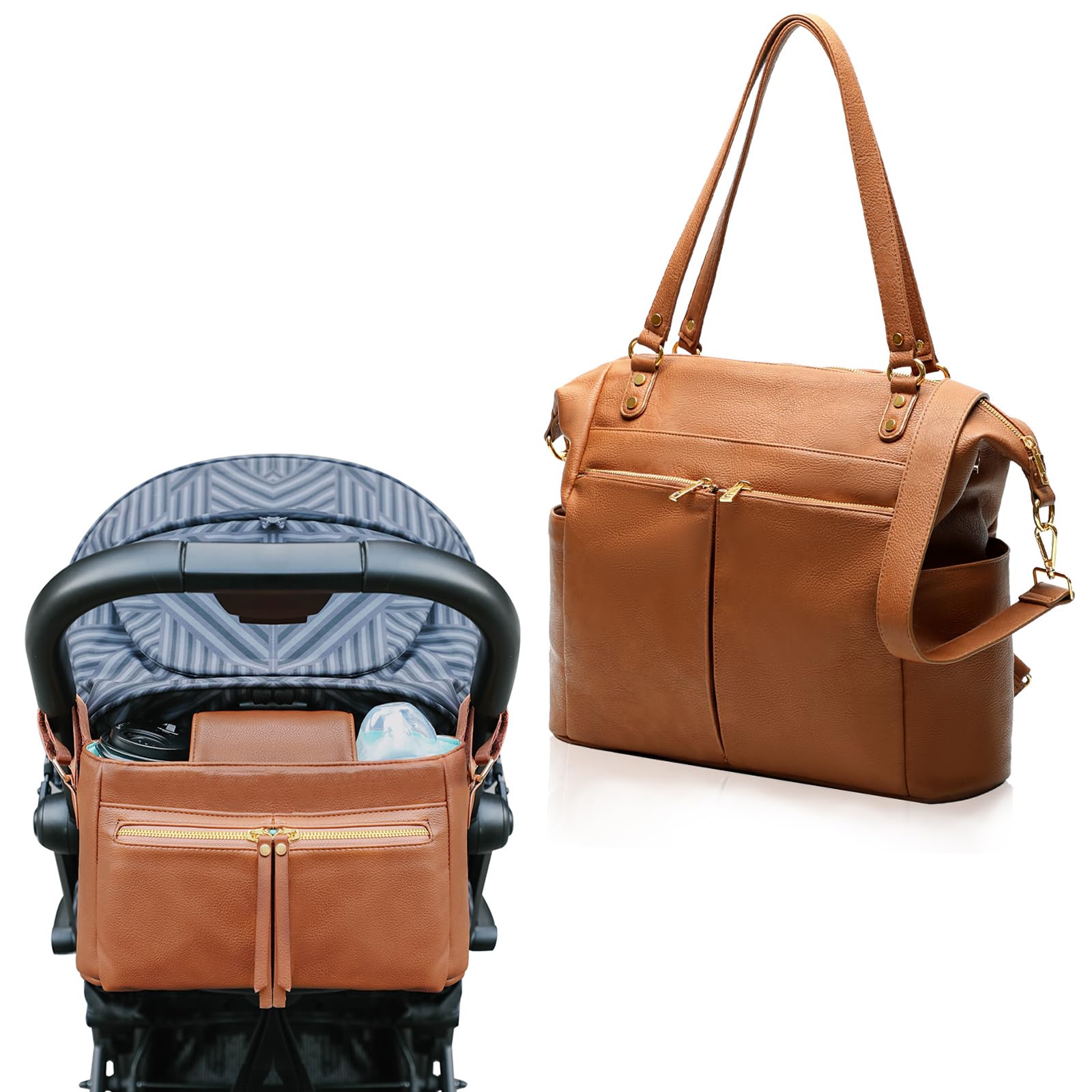 MOMINSIDE Leather Diaper Bag Backpack - Large Waterproof Baby Tote with Insulated Cup Holders & Stroller Organizer for Moms & Dads - Perfect for Travel, Daycare & Family Outings (Brown)
