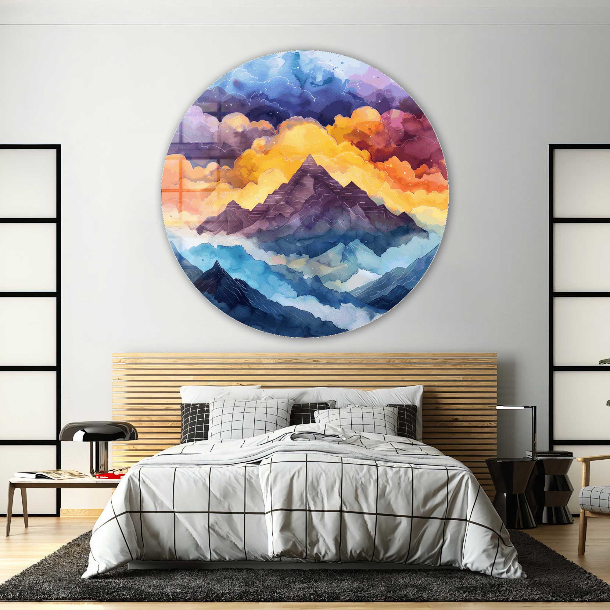Peak on Clouds II Rounded Glass Wall Art - Modern Home Decor for Living Room, Bedroom & Office - Stunning 3D Glass Artwork for Wall Decor