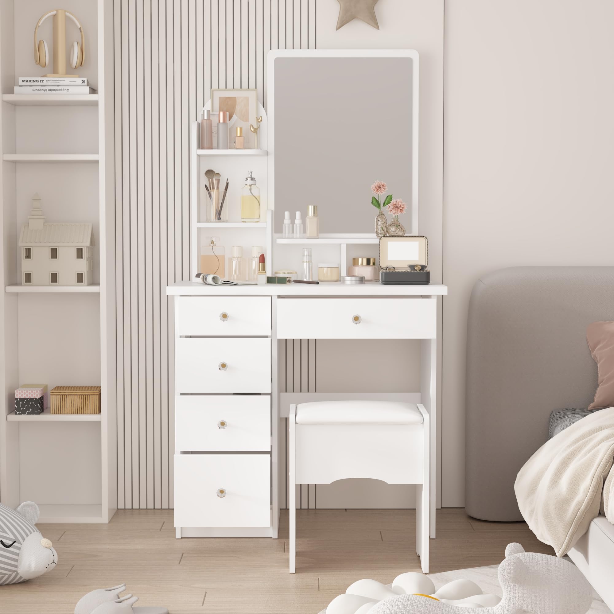 AIEGLE White Vanity Desk Set with Rectangular Mirror - Makeup Dressing Table with Shelves & Cushioned Stool, Perfect for Bedroom, Bathroom or Dressing Room Organization
