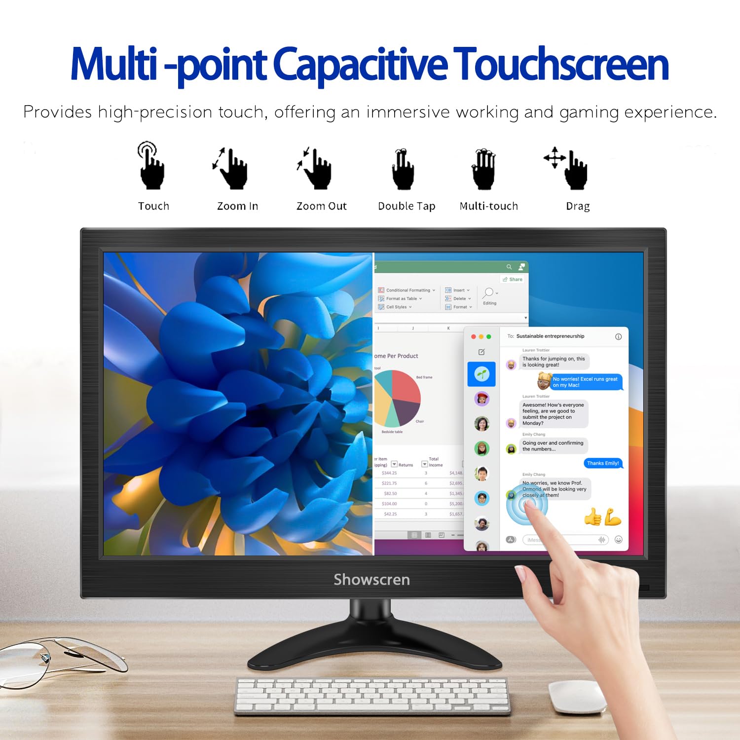 14 Inch Portable Touchscreen Monitor - FHD 1080P HDR Display, 100% sRGB, HDMI/USB-C Connectivity, Built-in Speakers & Adjustable Stand | Perfect for Remote Work, Gaming, and Mobile Office with PC/Laptop/Smartphone